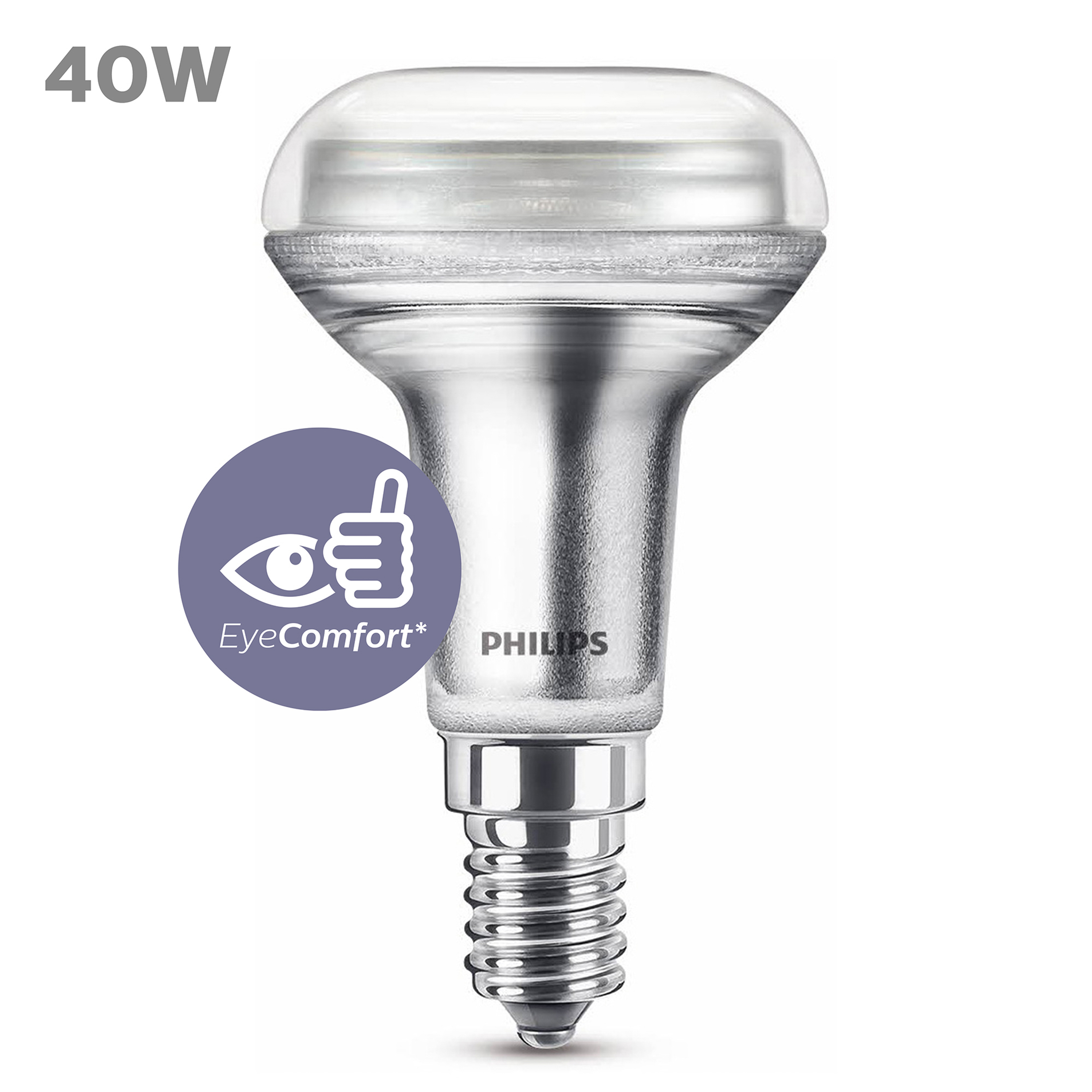 Ampoule argentée Philips, avec une étiquette ronde EyeComfort.