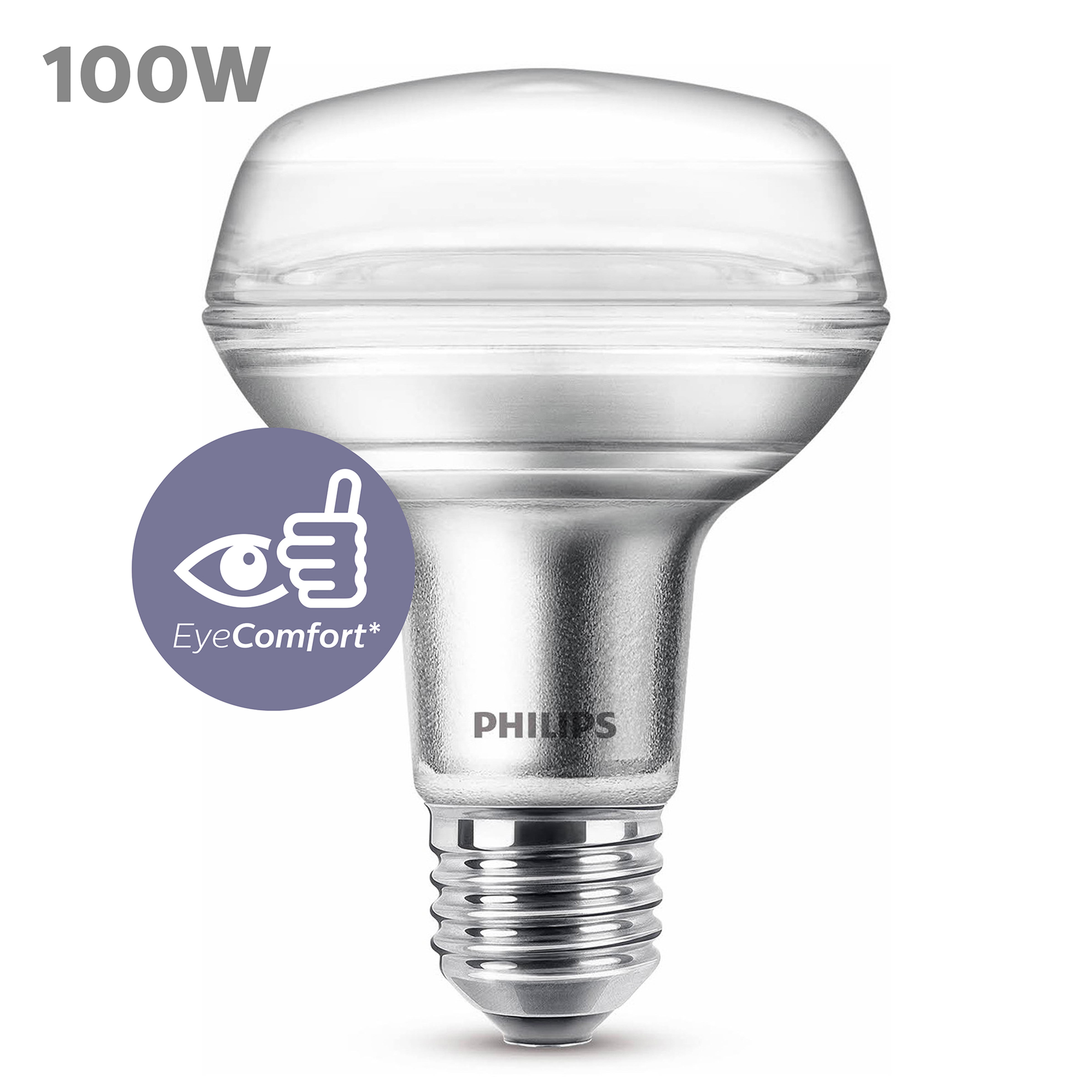 Una lampadina Philips argentata con il logo EyeComfort.