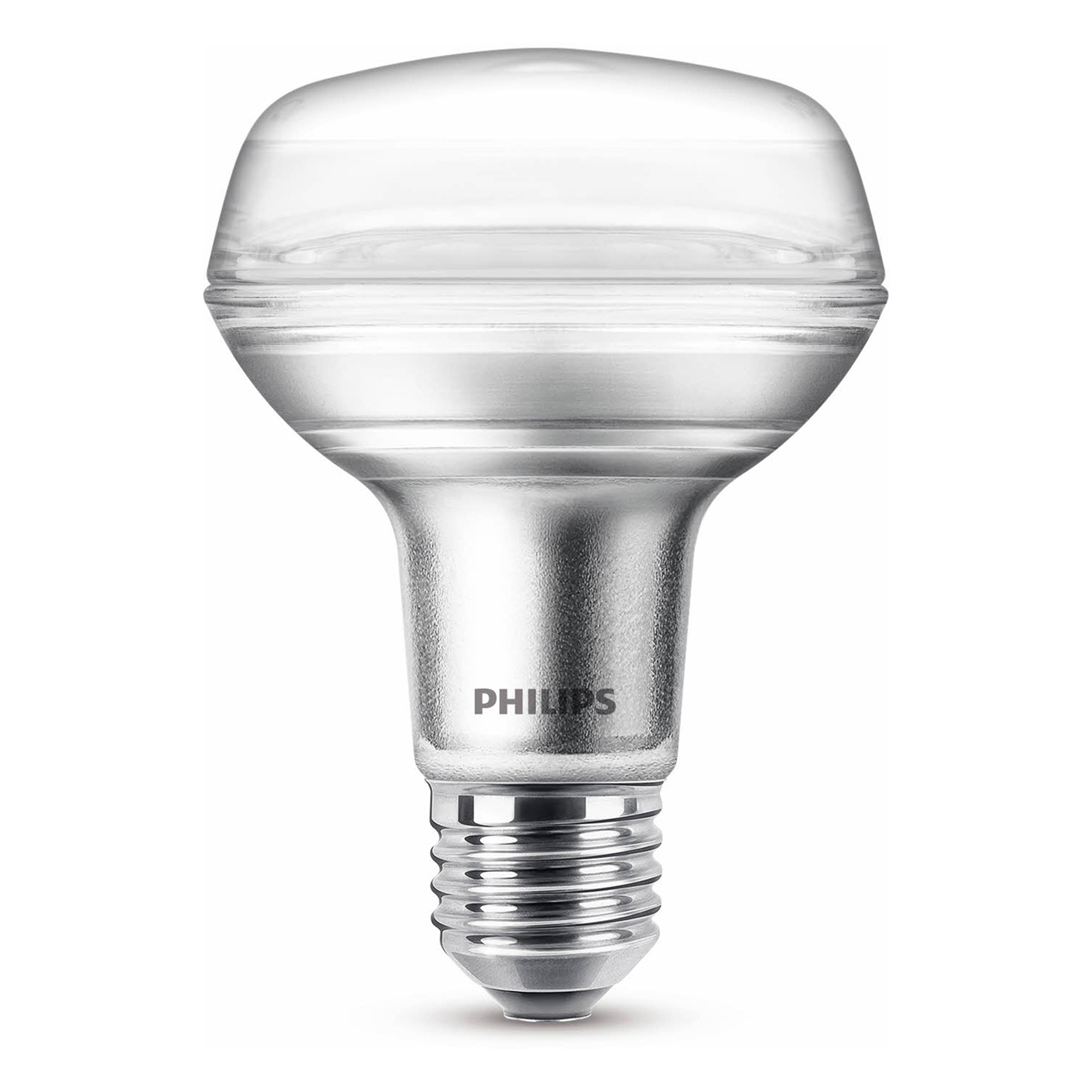 Una lampadina Philips. Ha una parte superiore trasparente e una base argentata.