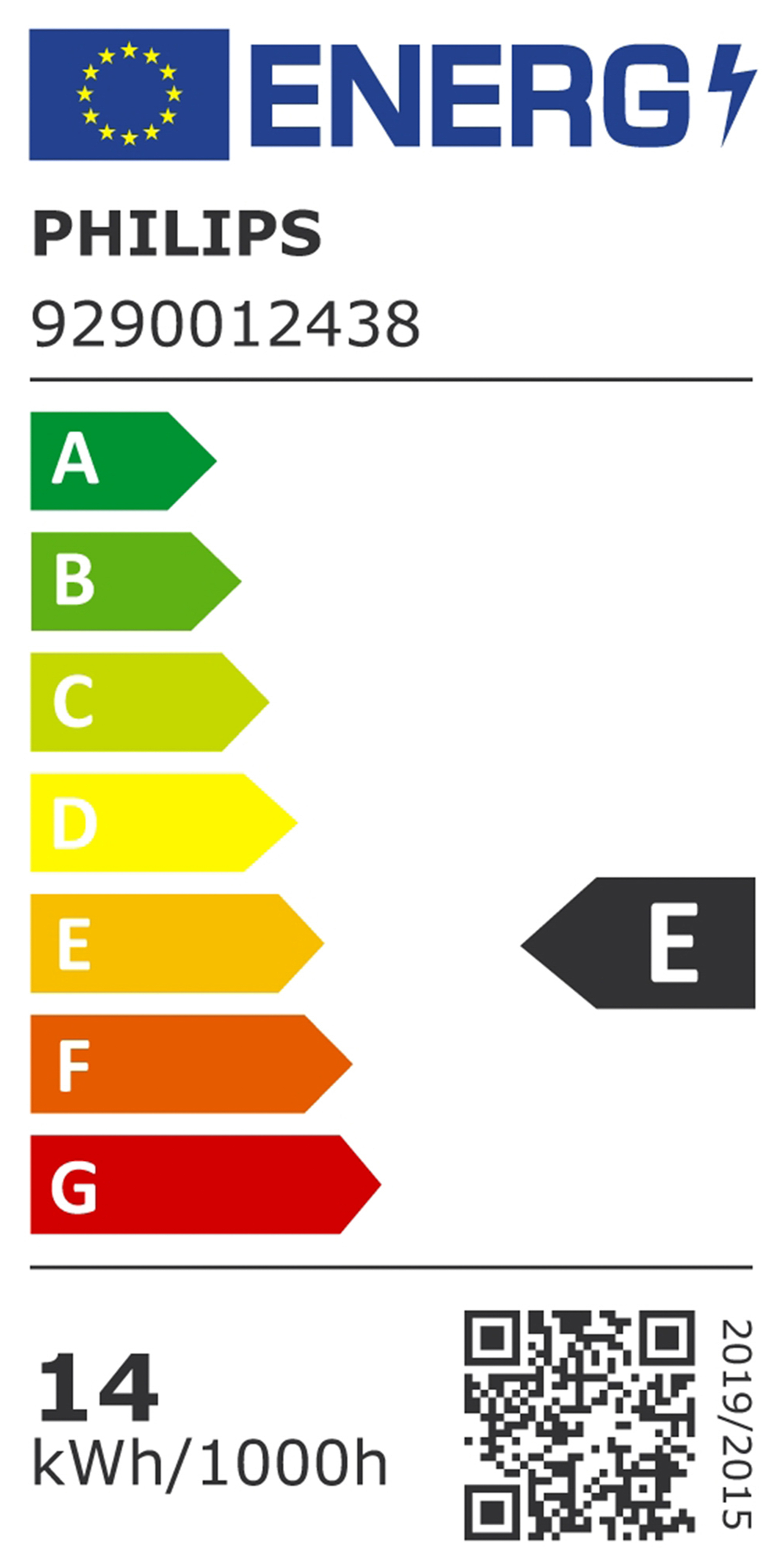 Energielabel voor een Philips-product. Groene, gele en rode balken geven energie-efficiëntie aan.