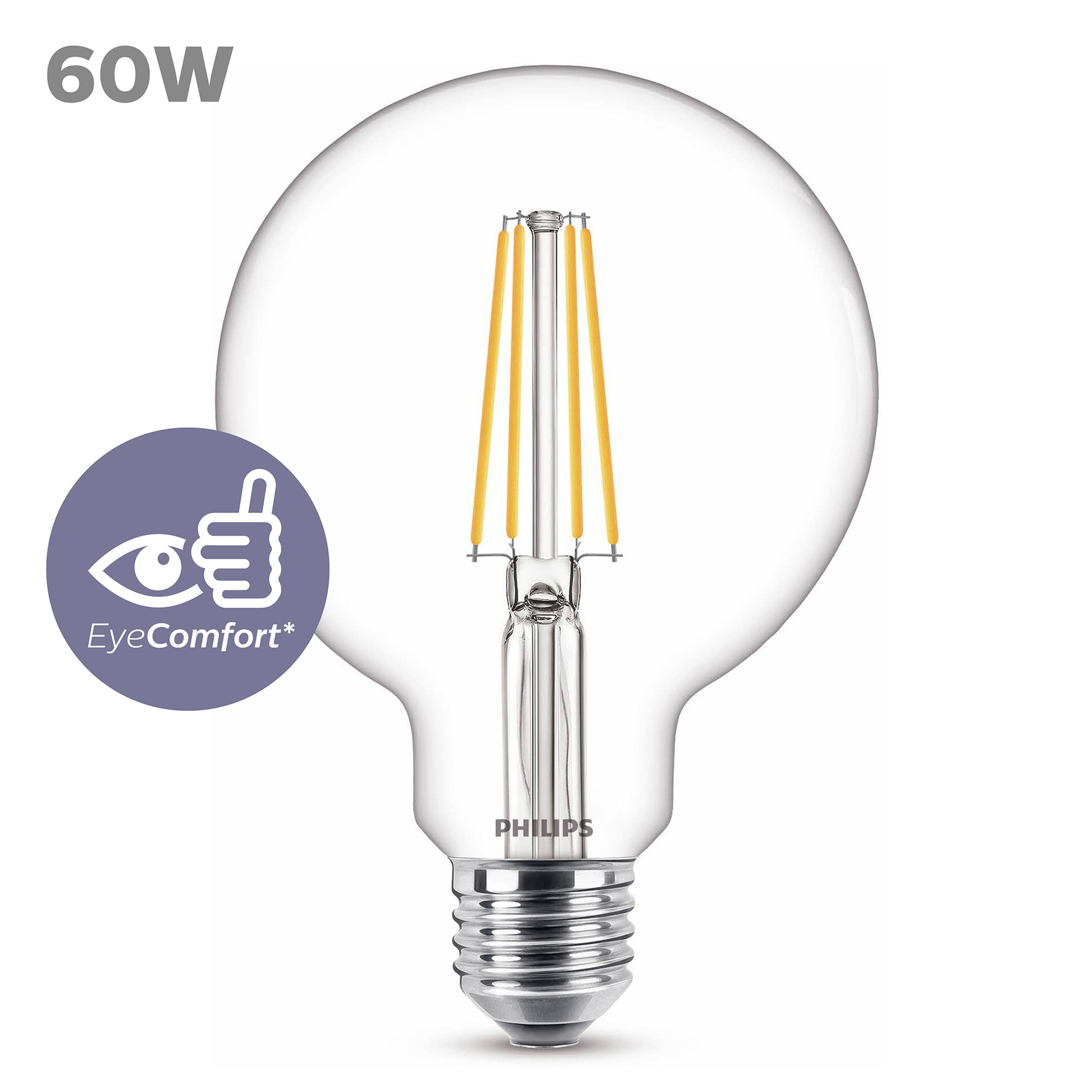 Eine Philips 60W LED-Glühbirne. Sie hat klares Glas und einen silbernen Sockel.