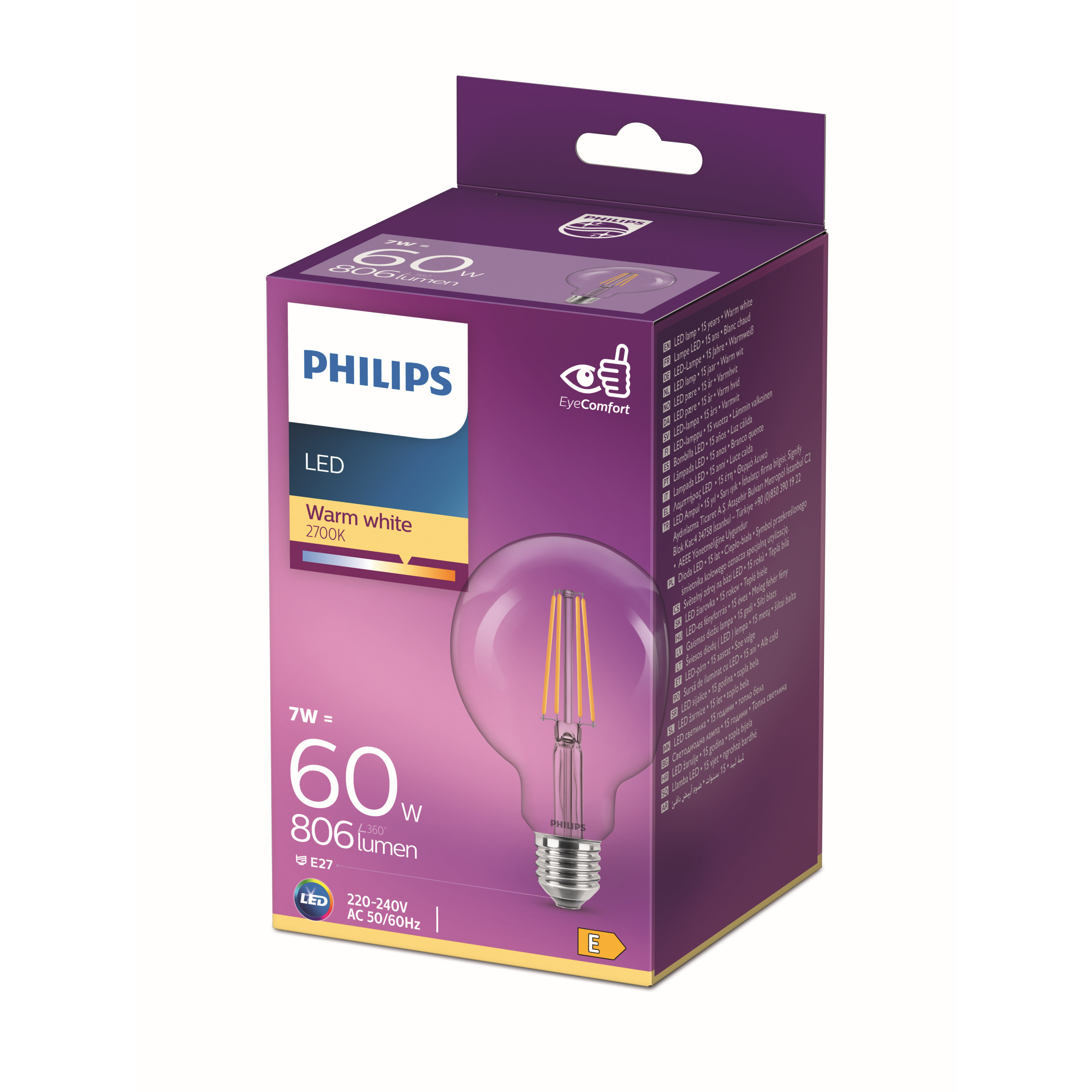 Eine Philips LED-Glühbirnenbox, warmweiß, mit einer runden Glühbirnengrafik.