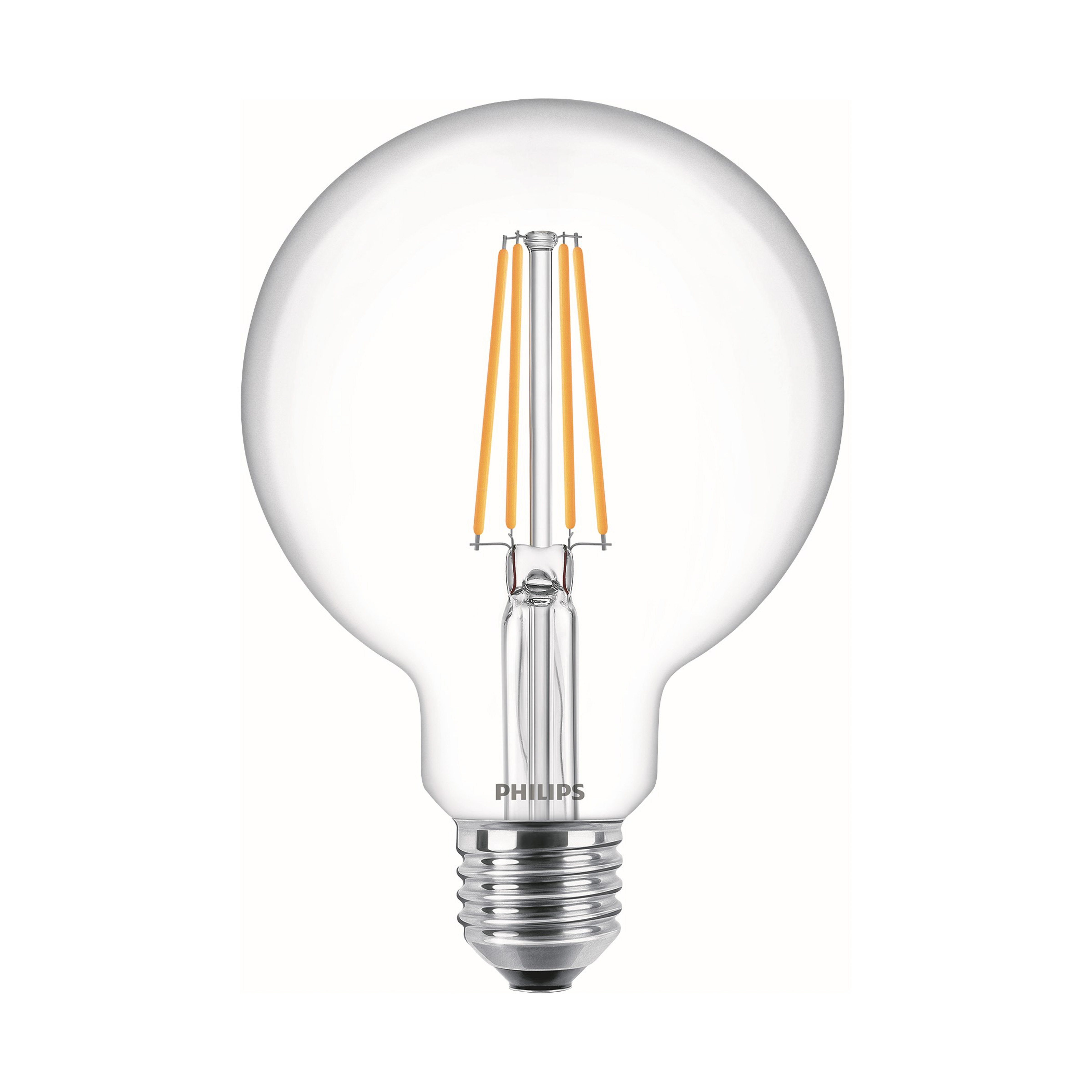 Eine große, klare Philips-Glühbirne mit orangefarbenen Filamenten und silbernem Sockel.