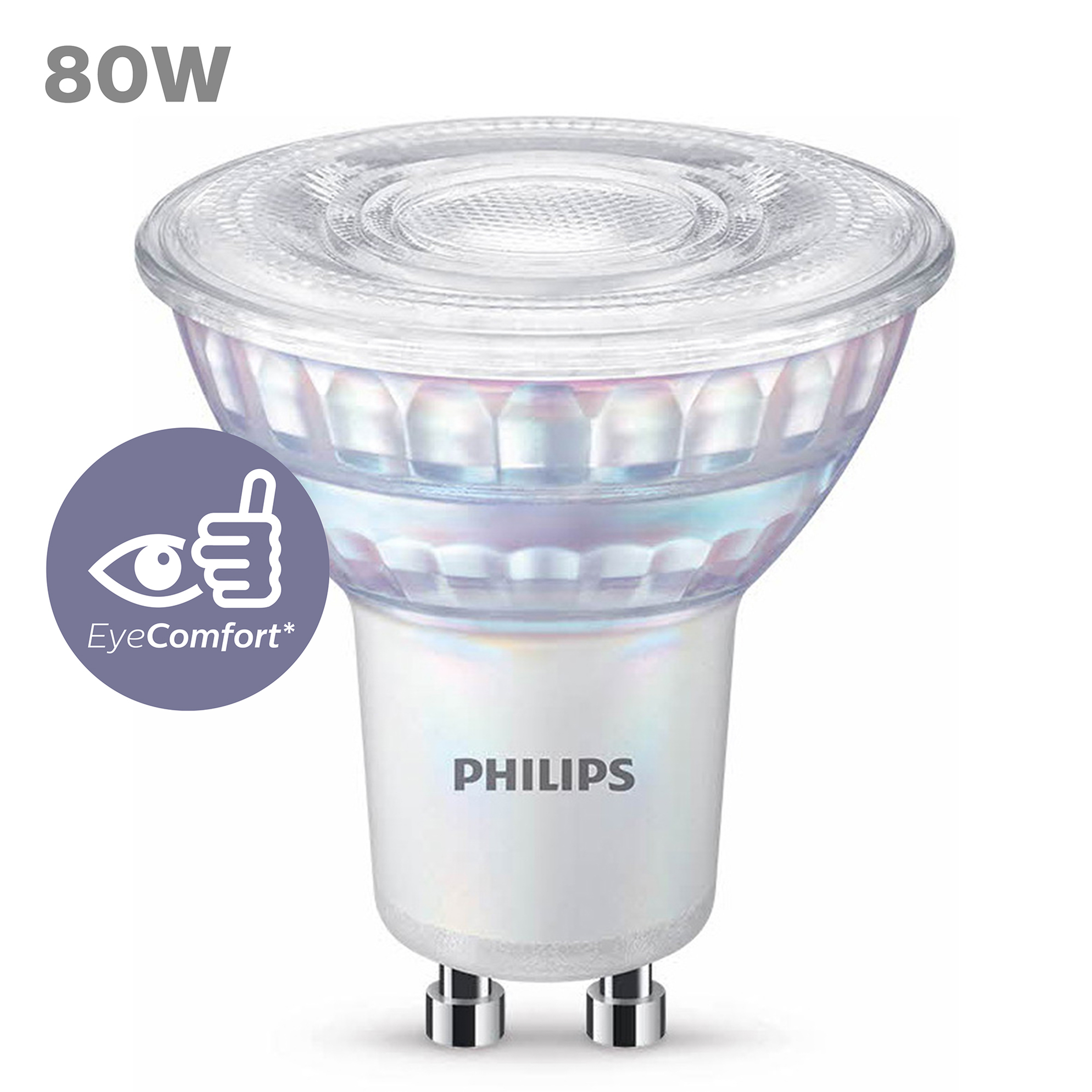 Philips LED-lamp. Helder glas. 80W, EyeComfort logo en twee pinnen aan de onderkant.