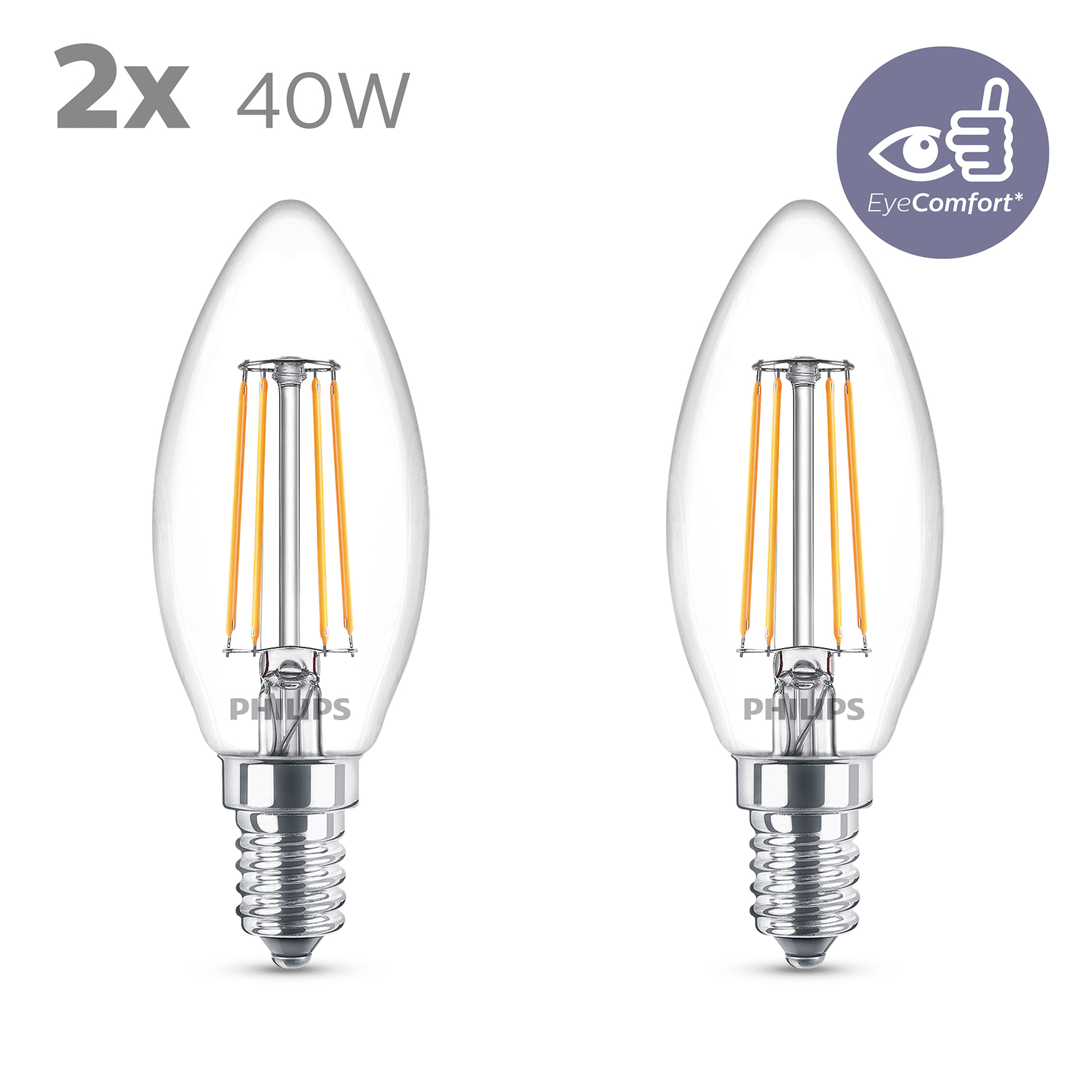 Deux ampoules transparentes avec filaments oranges. Fond blanc, texte '2x 40W'.