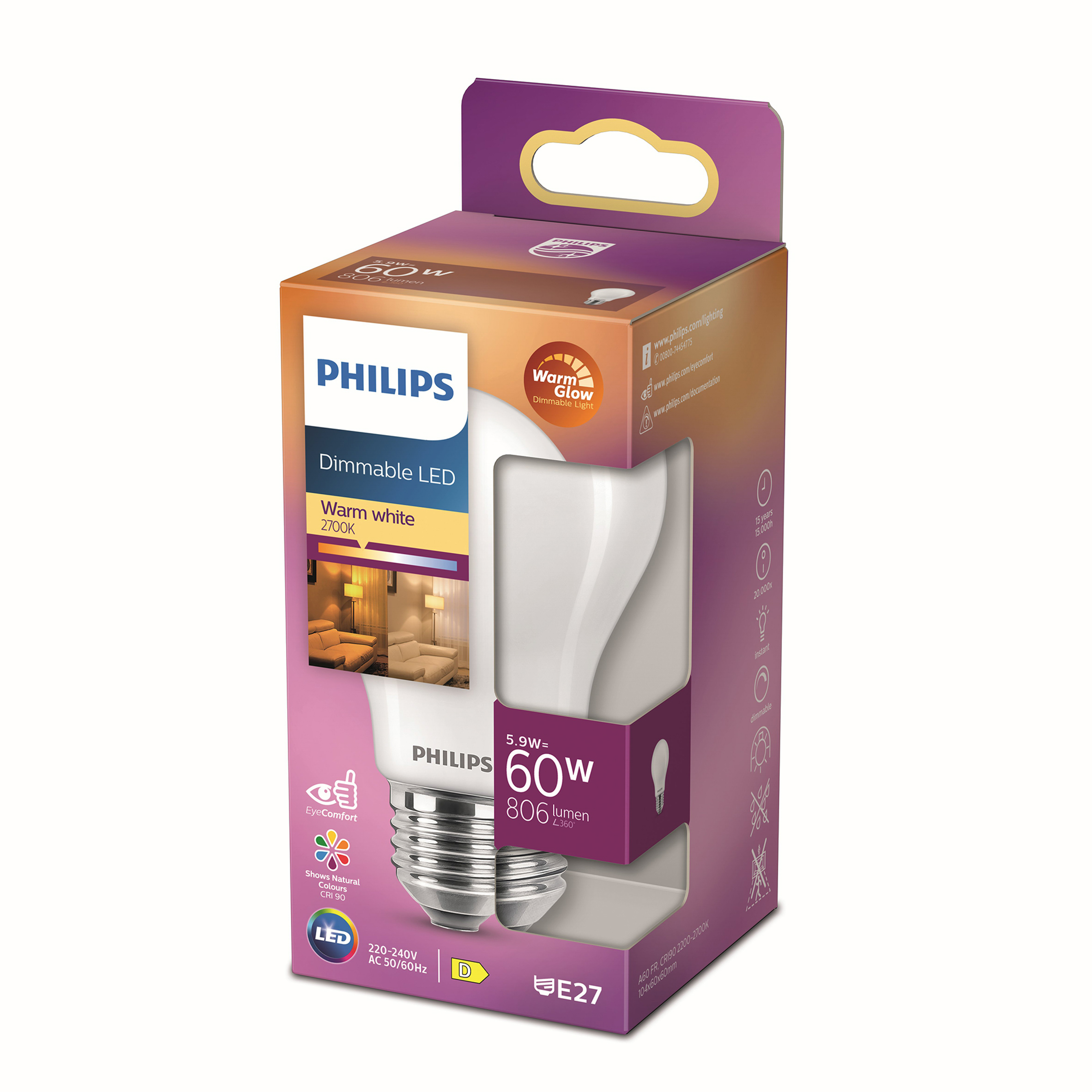 Philips LED-Glühbirne in einer Box. Die Box zeigt die Glühbirne und Spezifikationen.