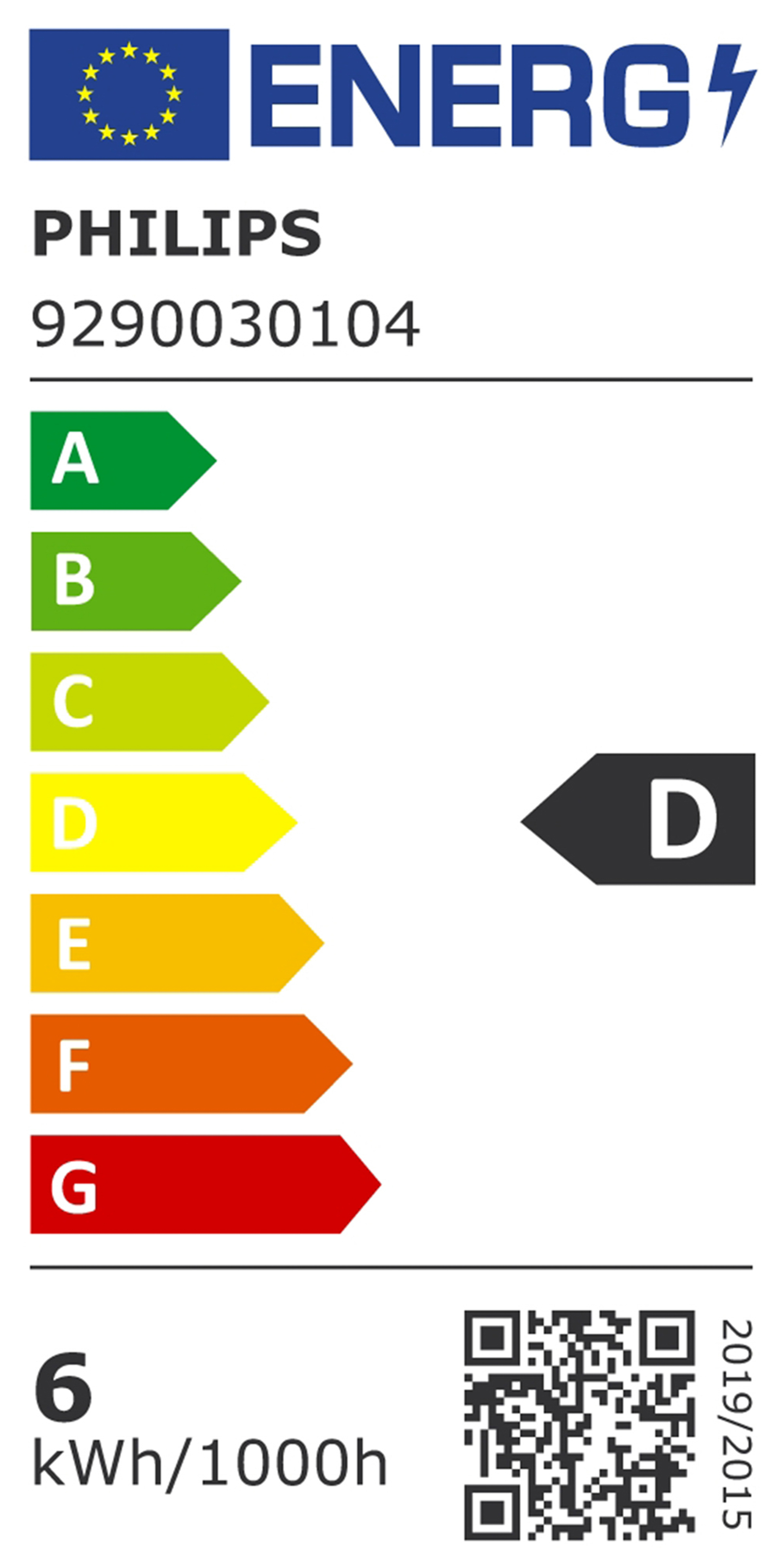 Energielabel: Philips-Glühbirne, zeigt Energieeffizienz-Einstufung und -Spezifikationen.