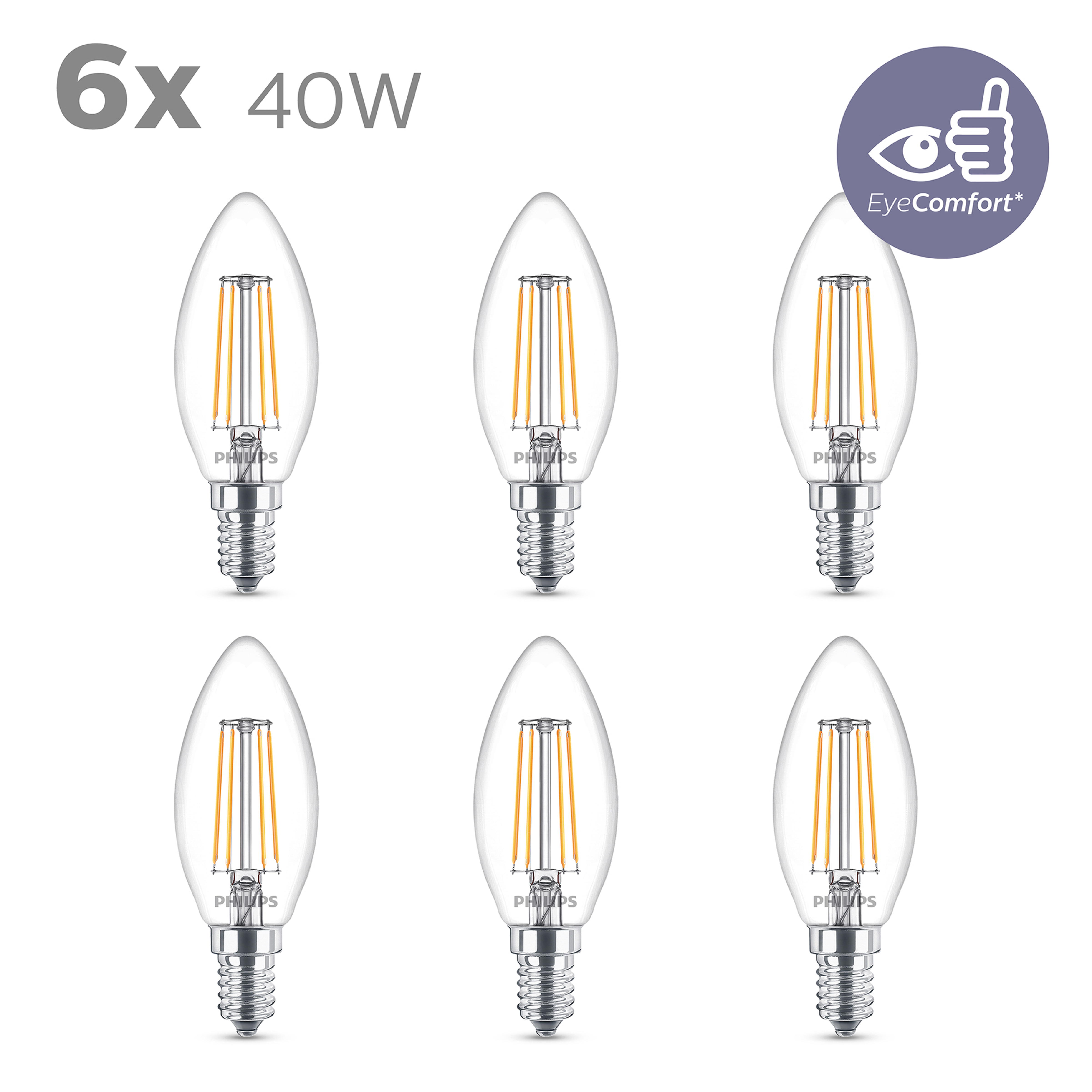 Six Philips candle LED bulbs. They are clear glass with silver bases on a white background.