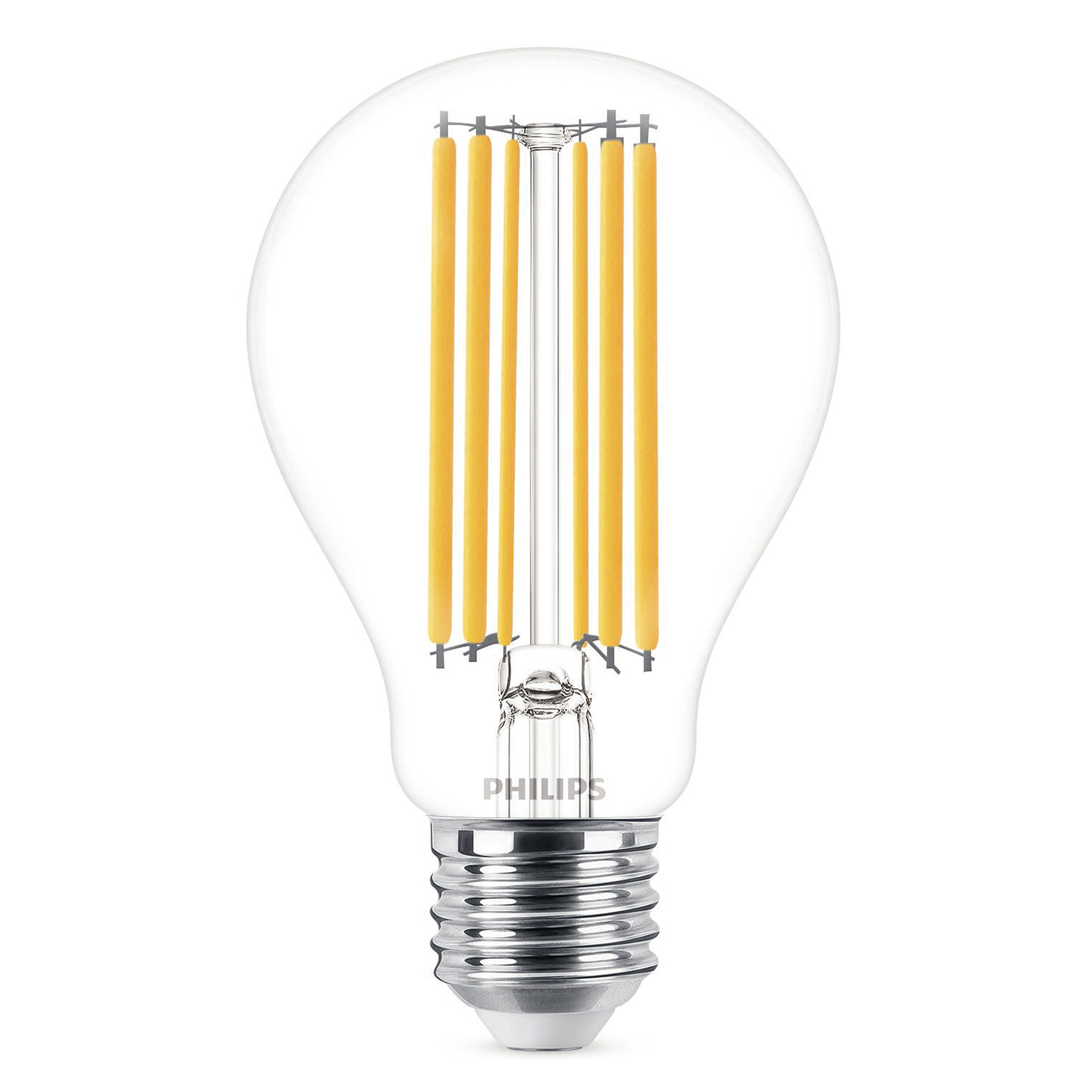 Una lampadina LED Philips con filamenti gialli verticali e logo Philips.