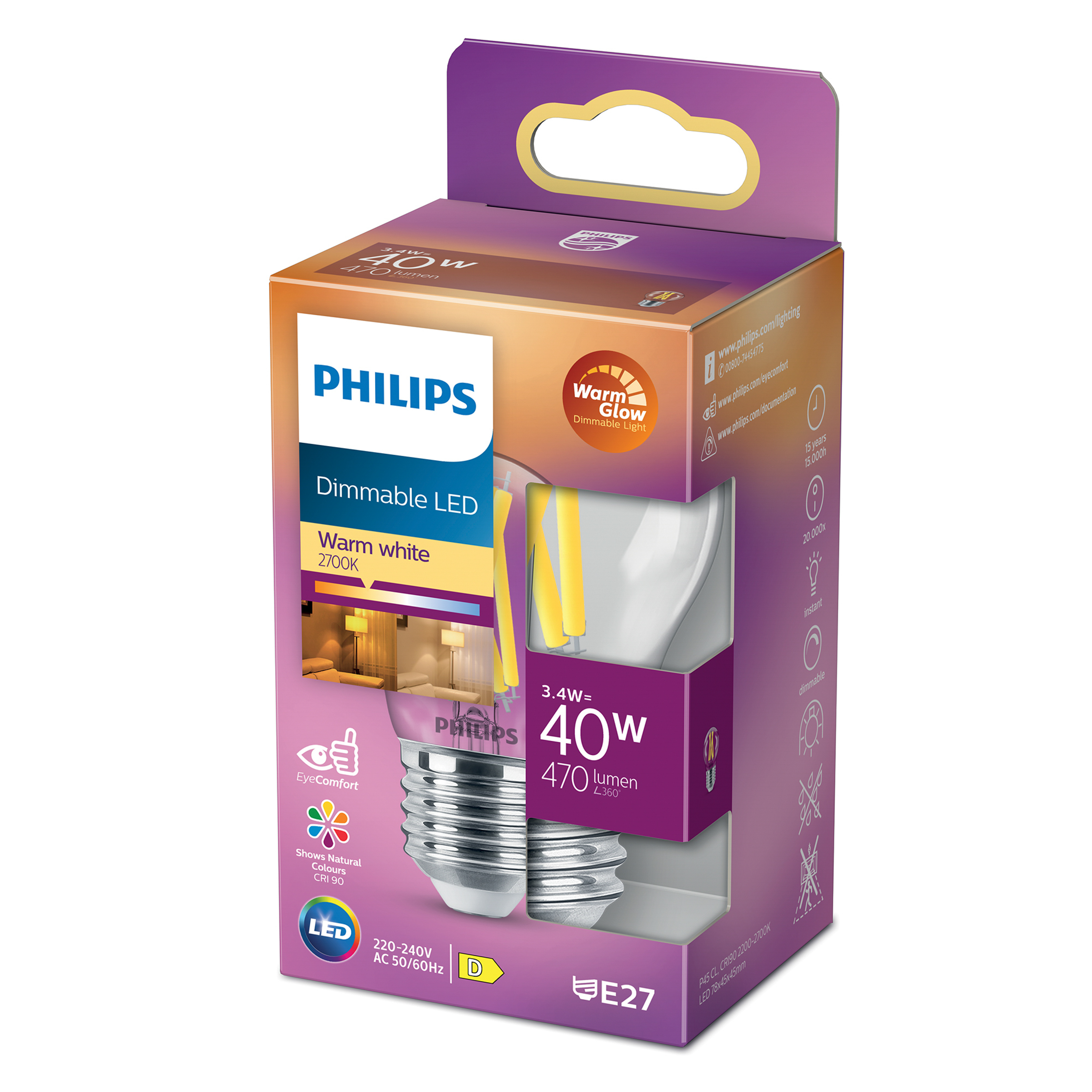 Lampadina LED dimmerabile Philips in scatola. Scritto LED, Bianco caldo, 2700K e ha un attacco E27. Viola.