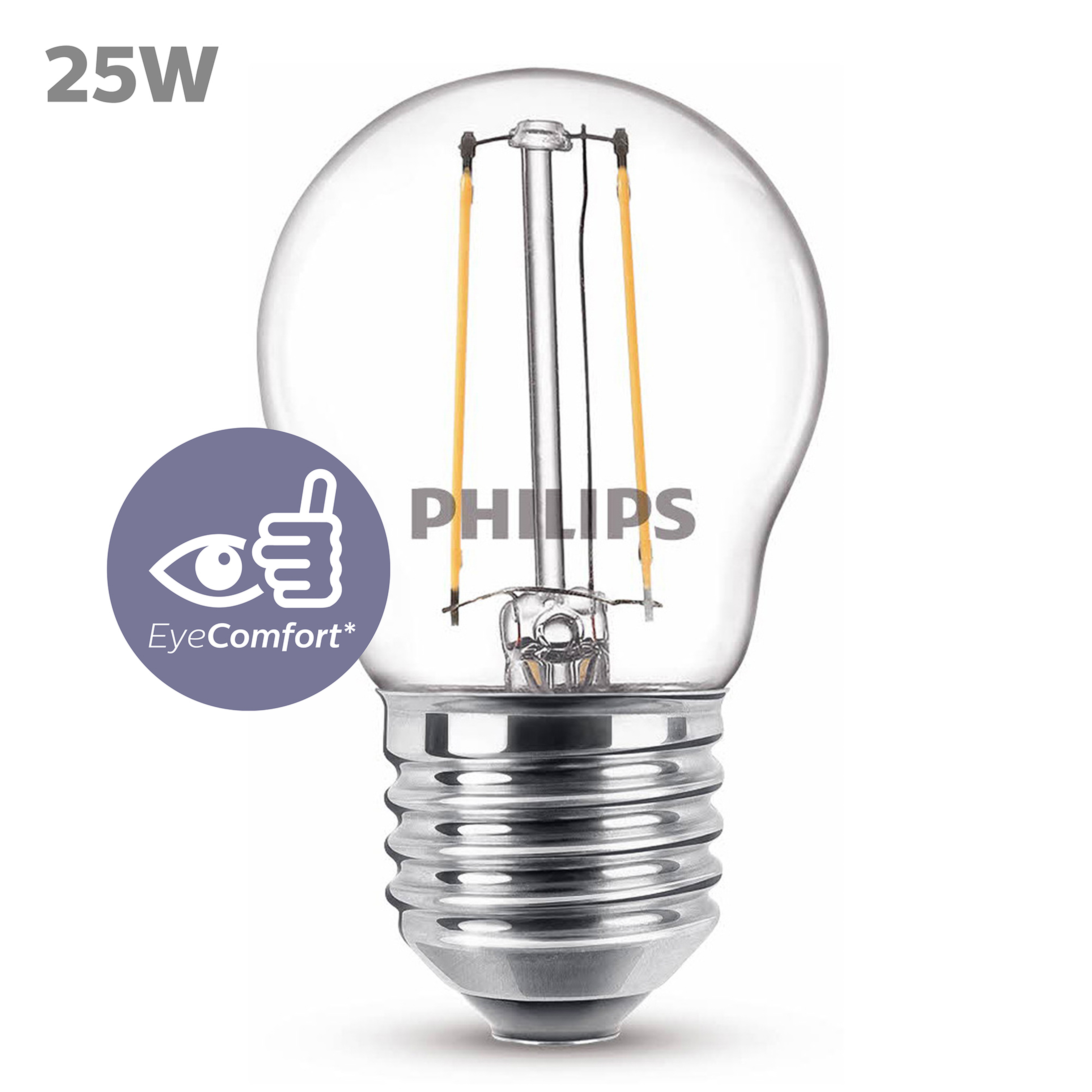 Une ampoule Philips ronde et transparente avec une étiquette de 25W. Il y a une étiquette bleue EyeComfort à gauche.