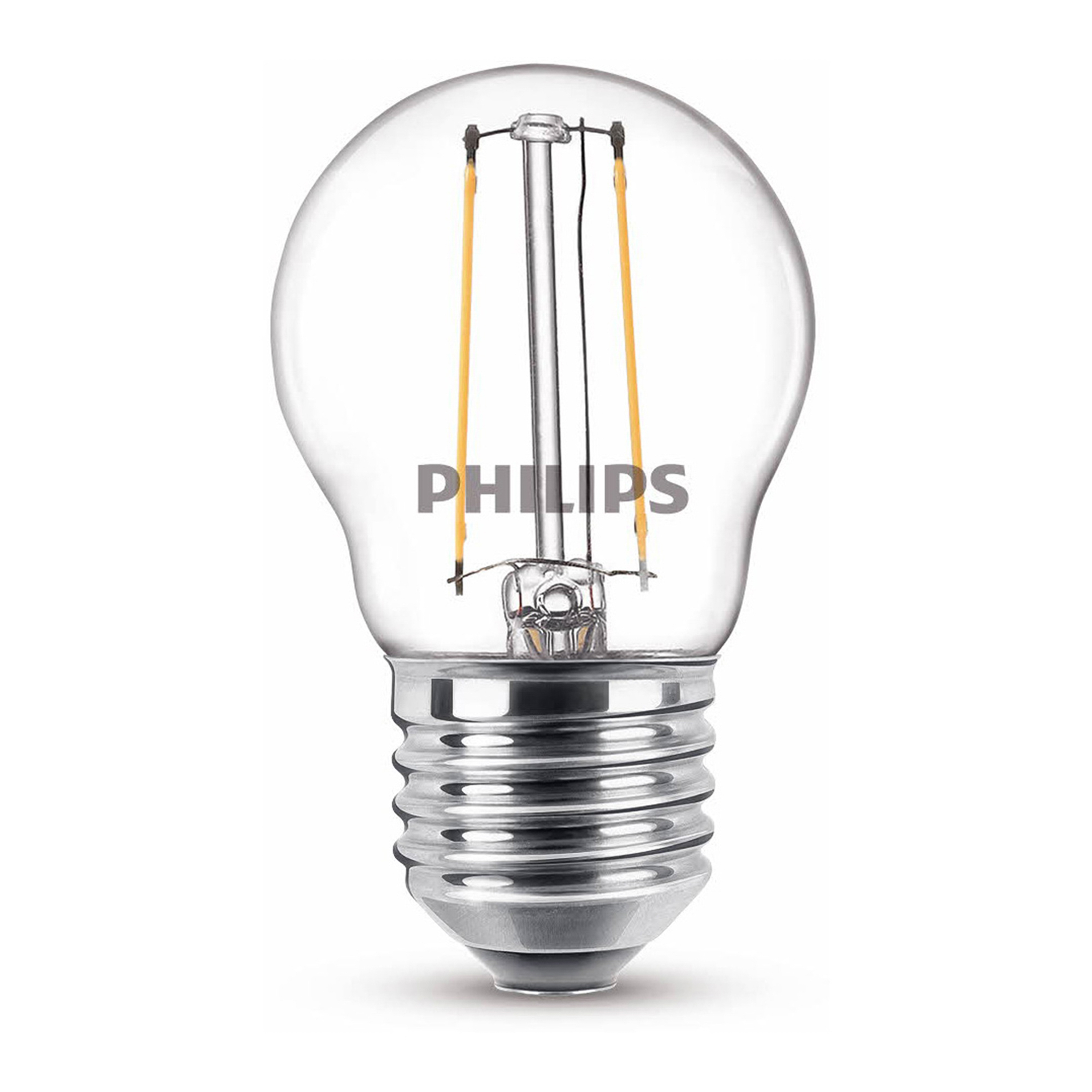 Ampoule LED Philips. Elle possède un couvercle en verre transparent avec deux filaments jaunes et un socle argenté.