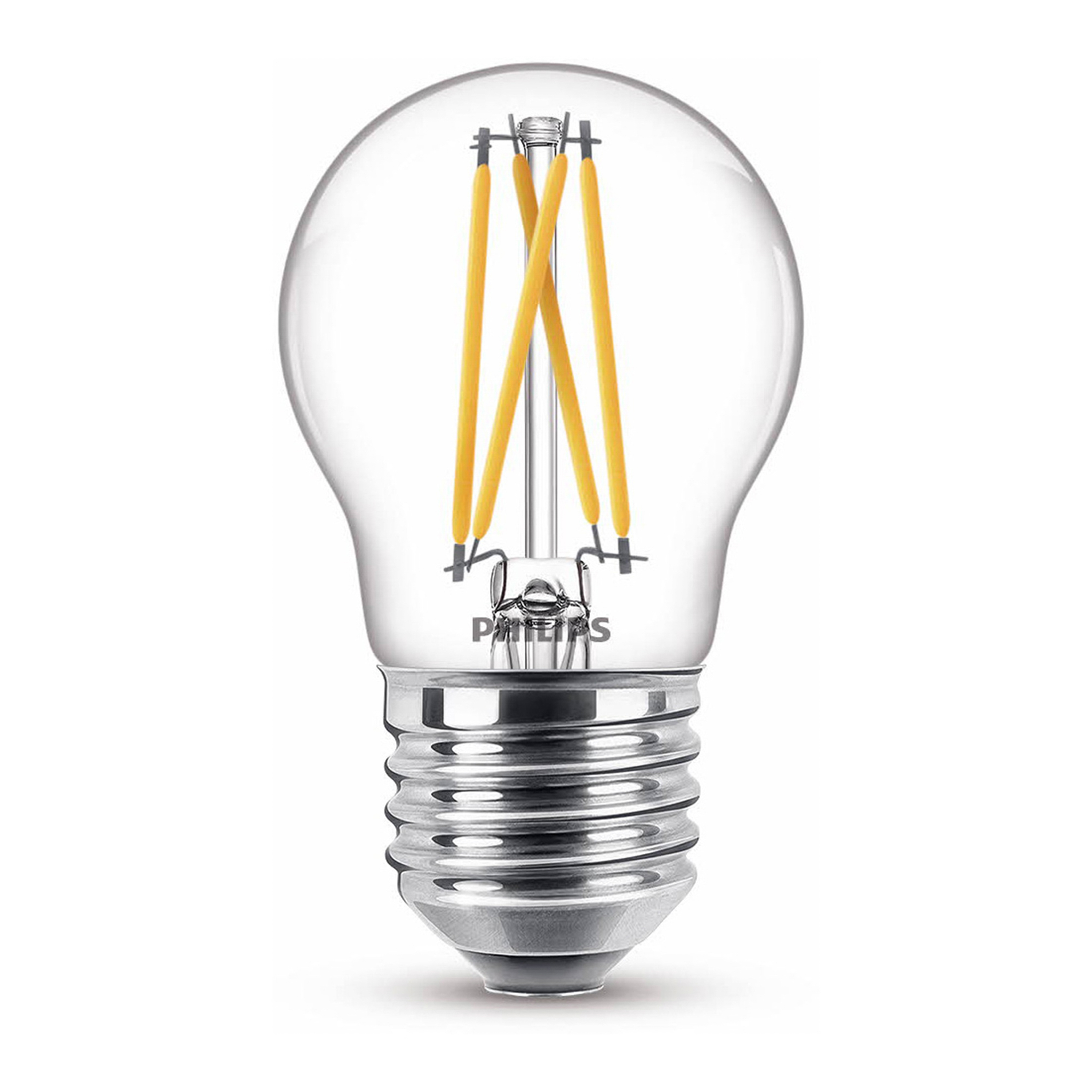 Una lampadina LED Philips con filamenti gialli verticali e logo Philips.
