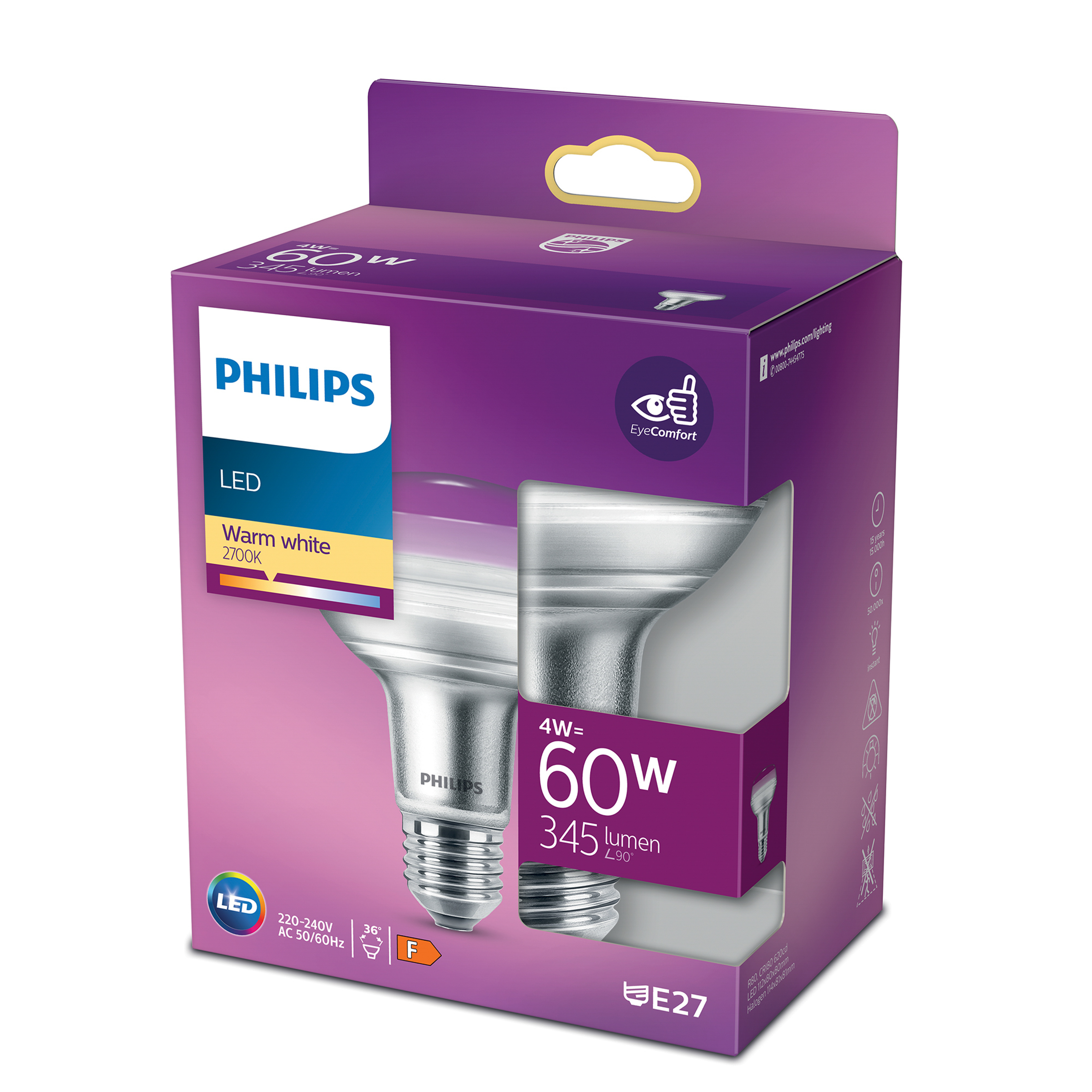 Lampadina LED Philips in una scatola, mostra la lampadina e la scatola.