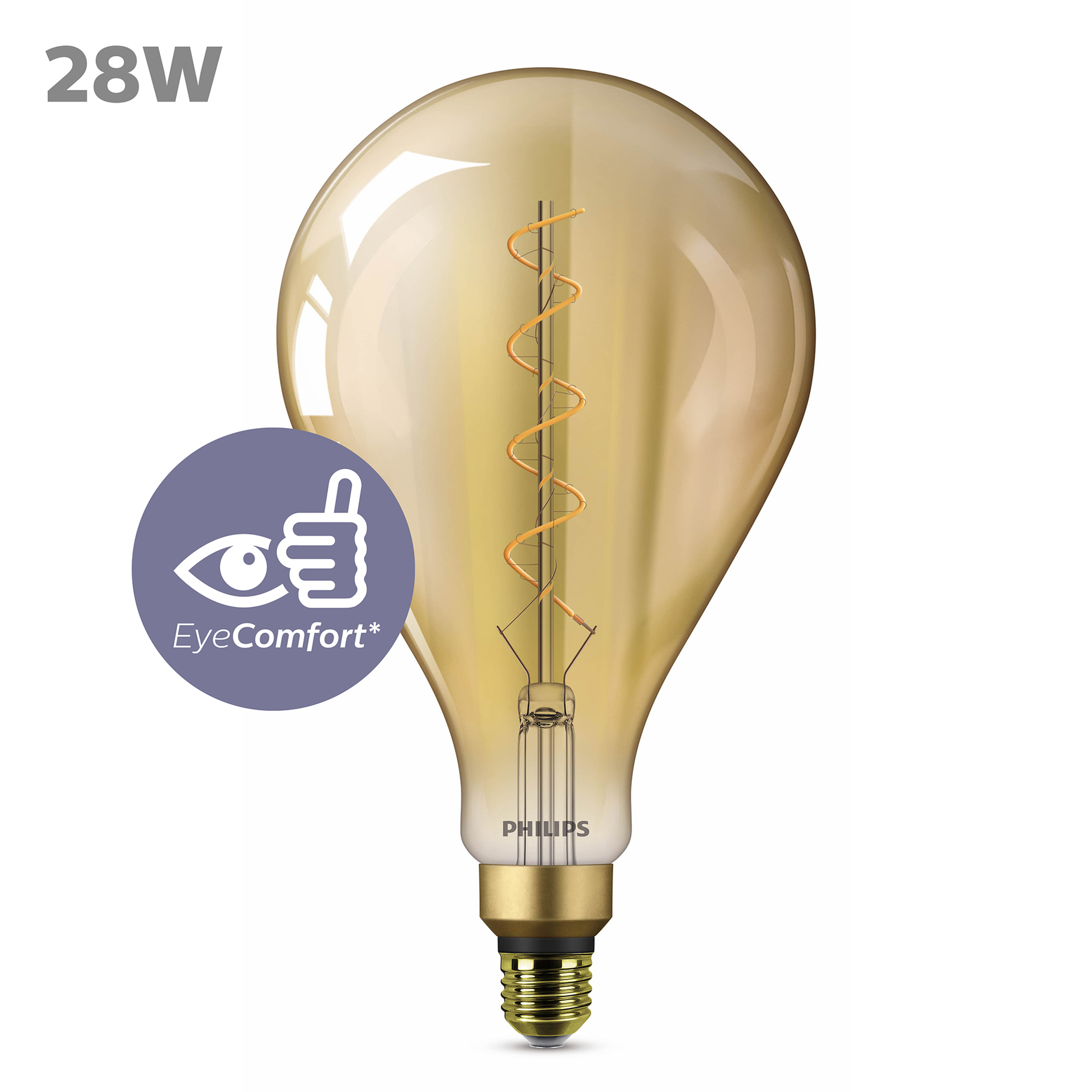 Large, golden Philips LED bulb with a spiral filament. EyeComfort icon is visible. 28W.