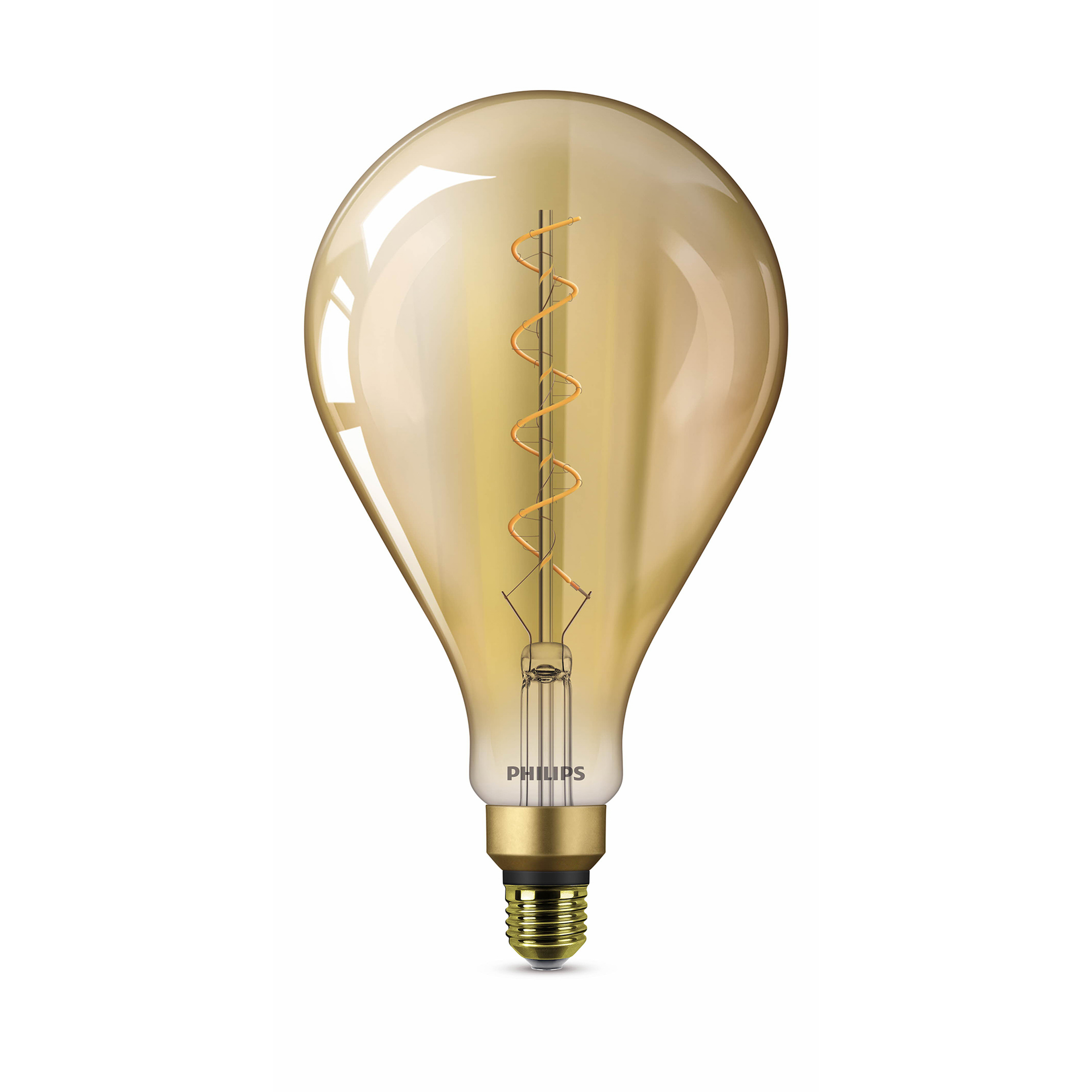 A golden-tinted Philips lightbulb with a spiral filament. Has a tear-drop shape and gold base.