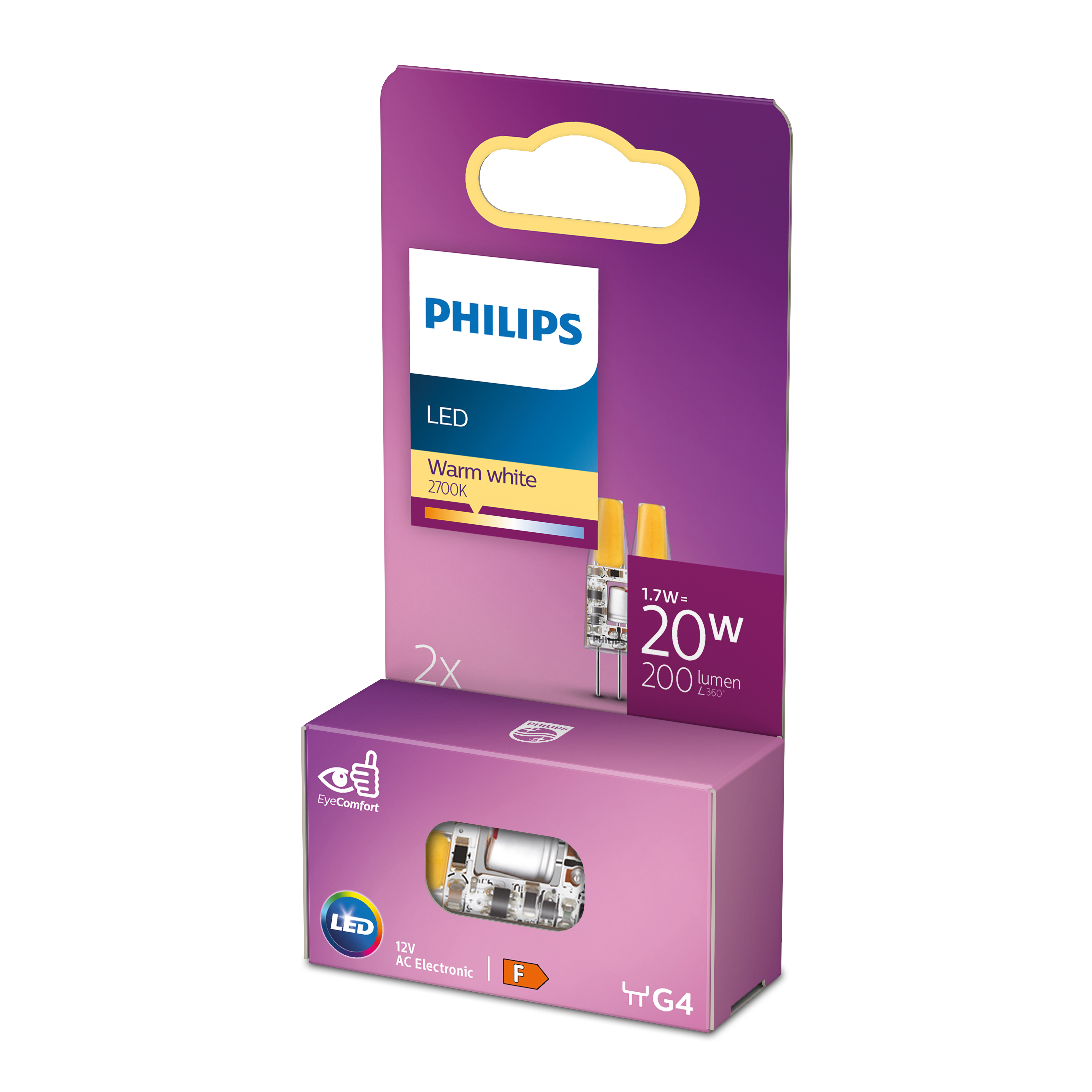 Un emballage d'ampoule LED Philips avec une ampoule visible. L'emballage est violet et blanc.