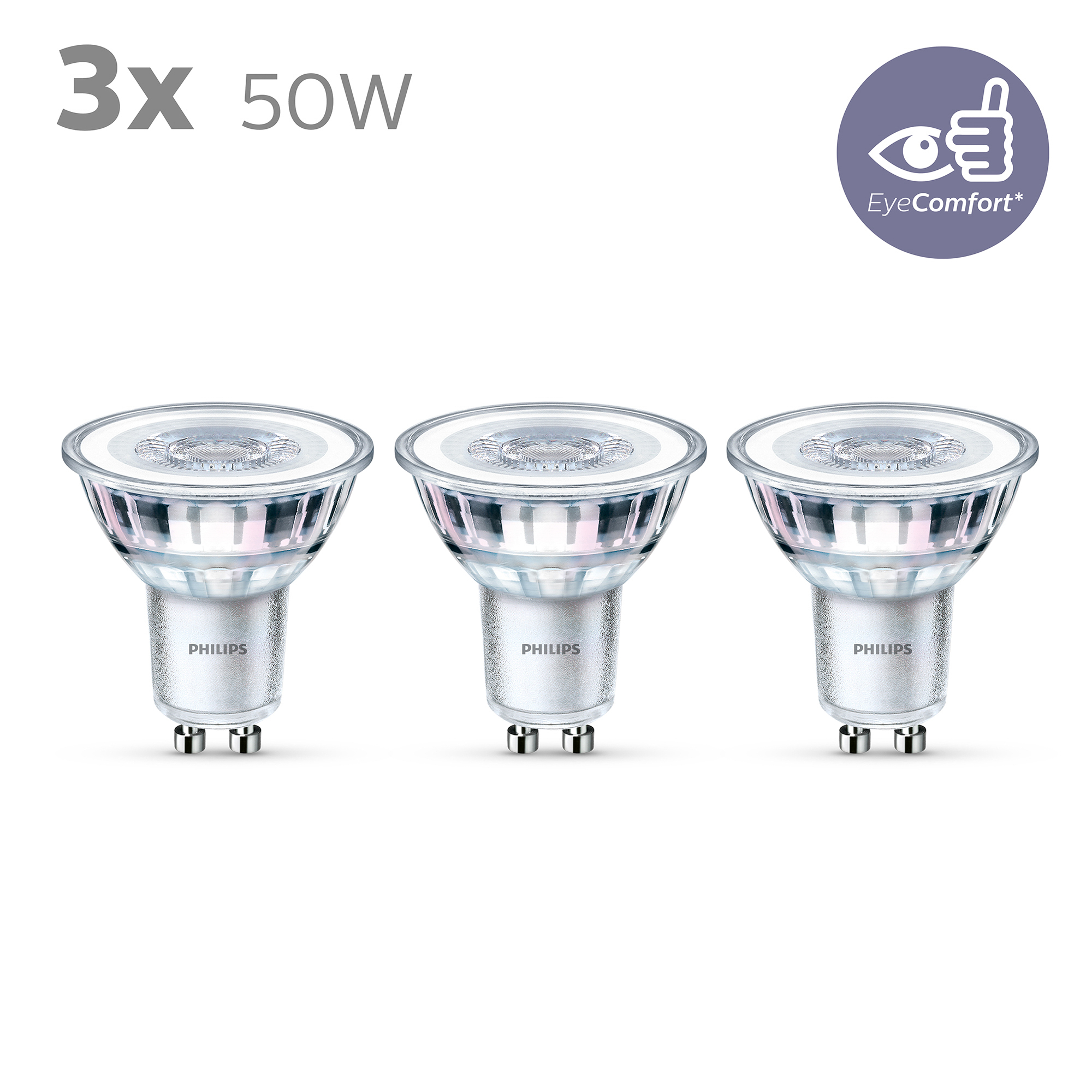Drie Philips LED-spots. Wit en zilver design. EyeComfort logo rechtsboven.