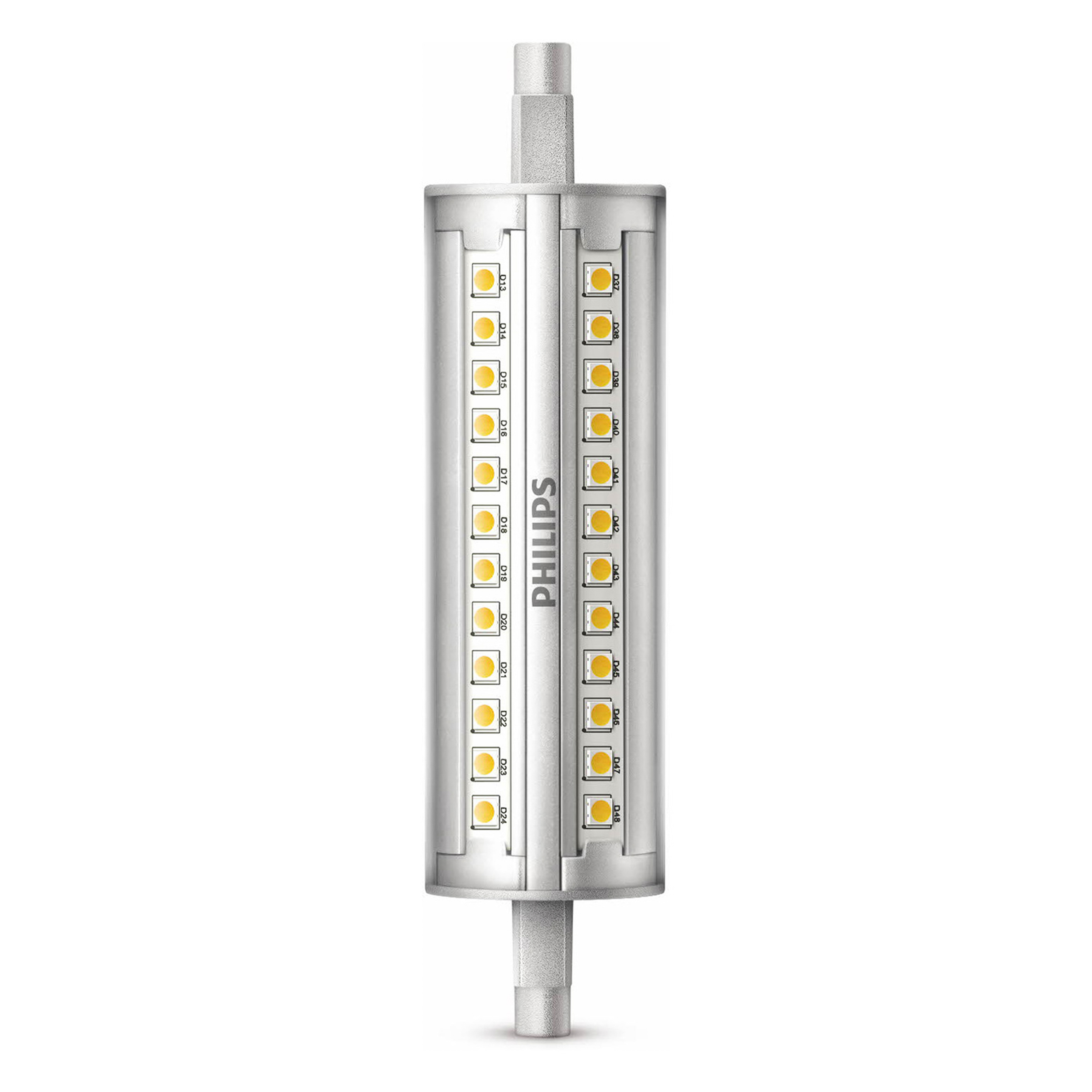 Een Philips LED lamp, cilindervorm, met zichtbare LED strips.