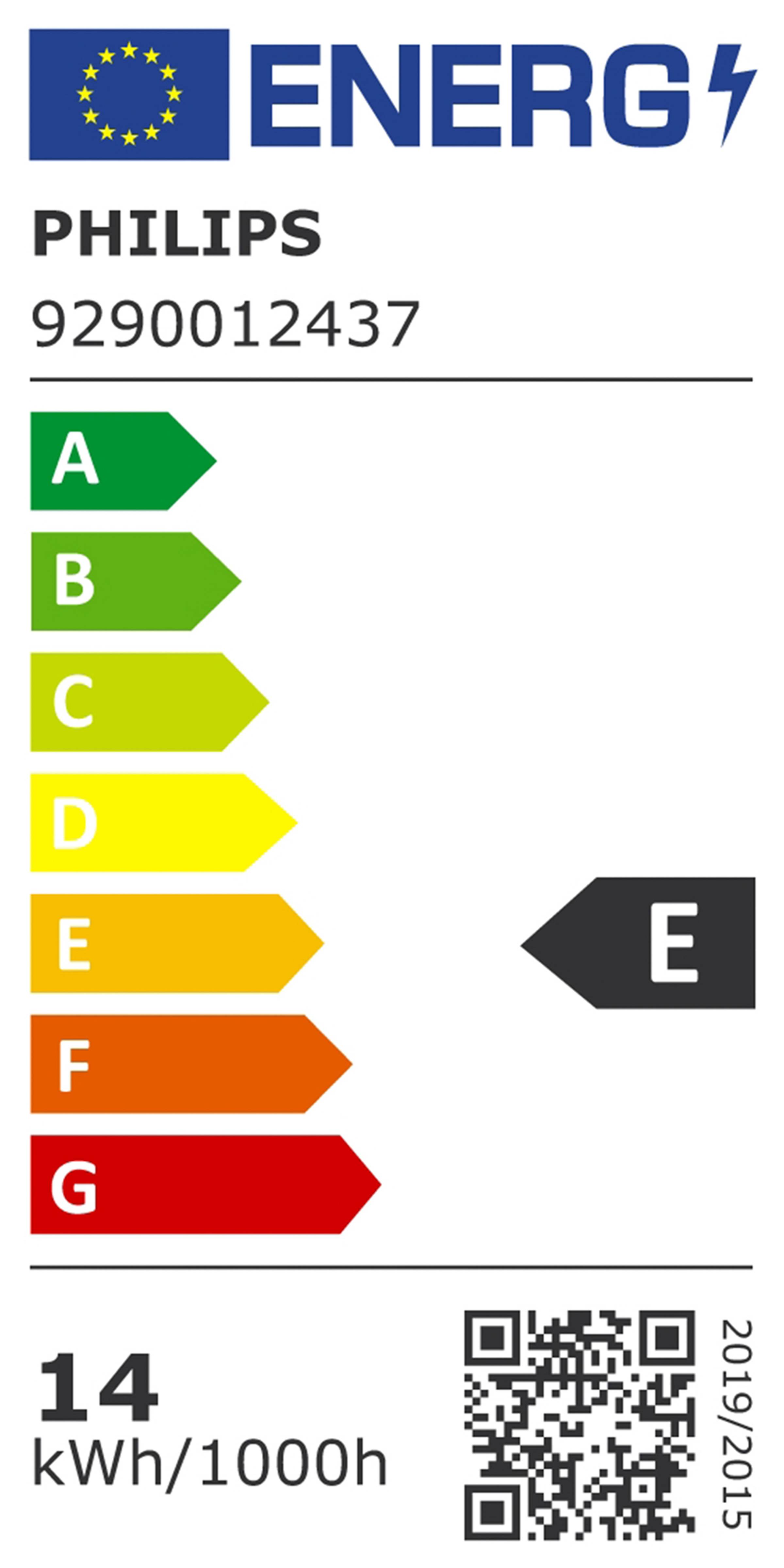 Energielabel voor een Philips lamp. Toont de energie-efficiëntieklasse met groen A en rood G.