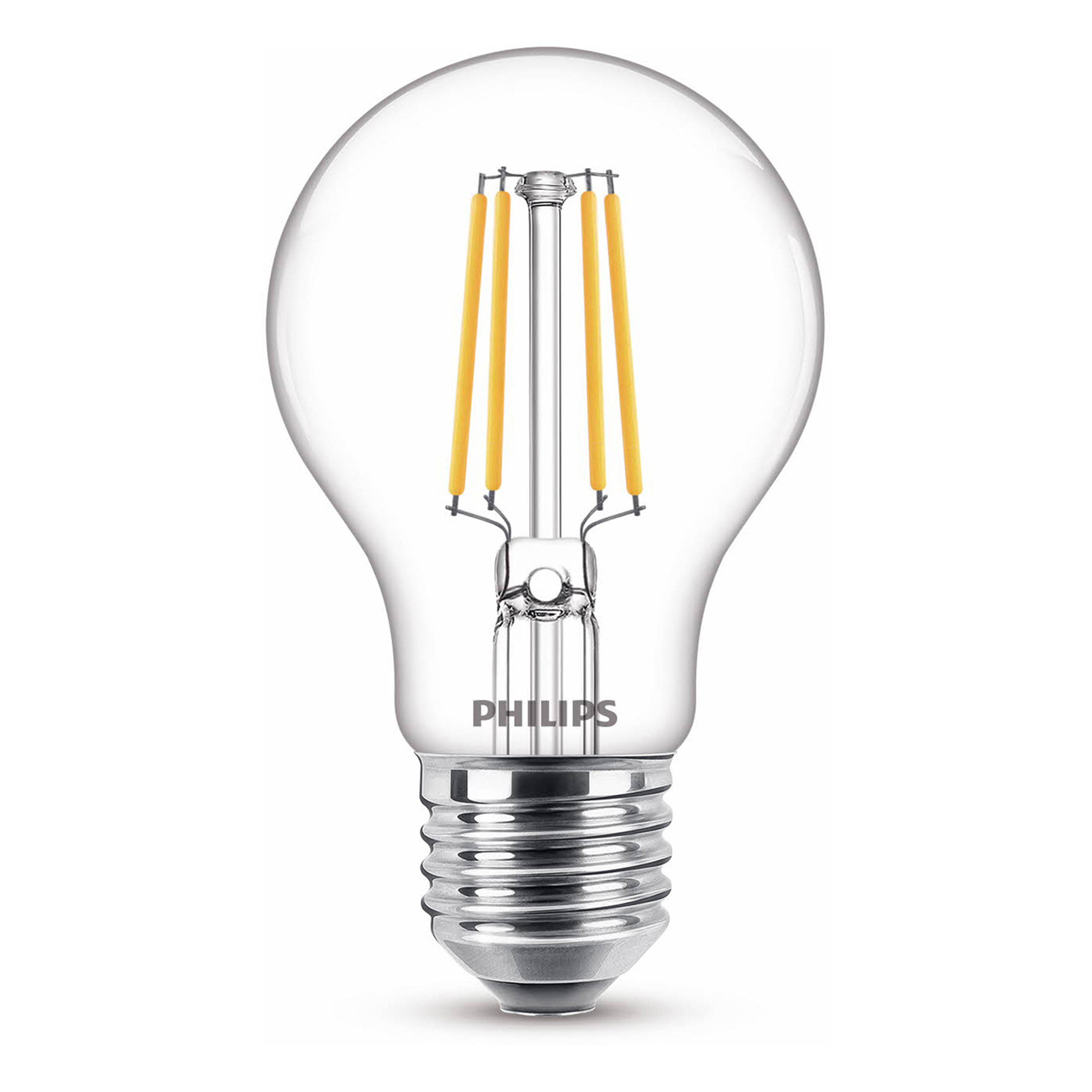 Lampadina trasparente con filamenti gialli e base argentata su sfondo bianco.