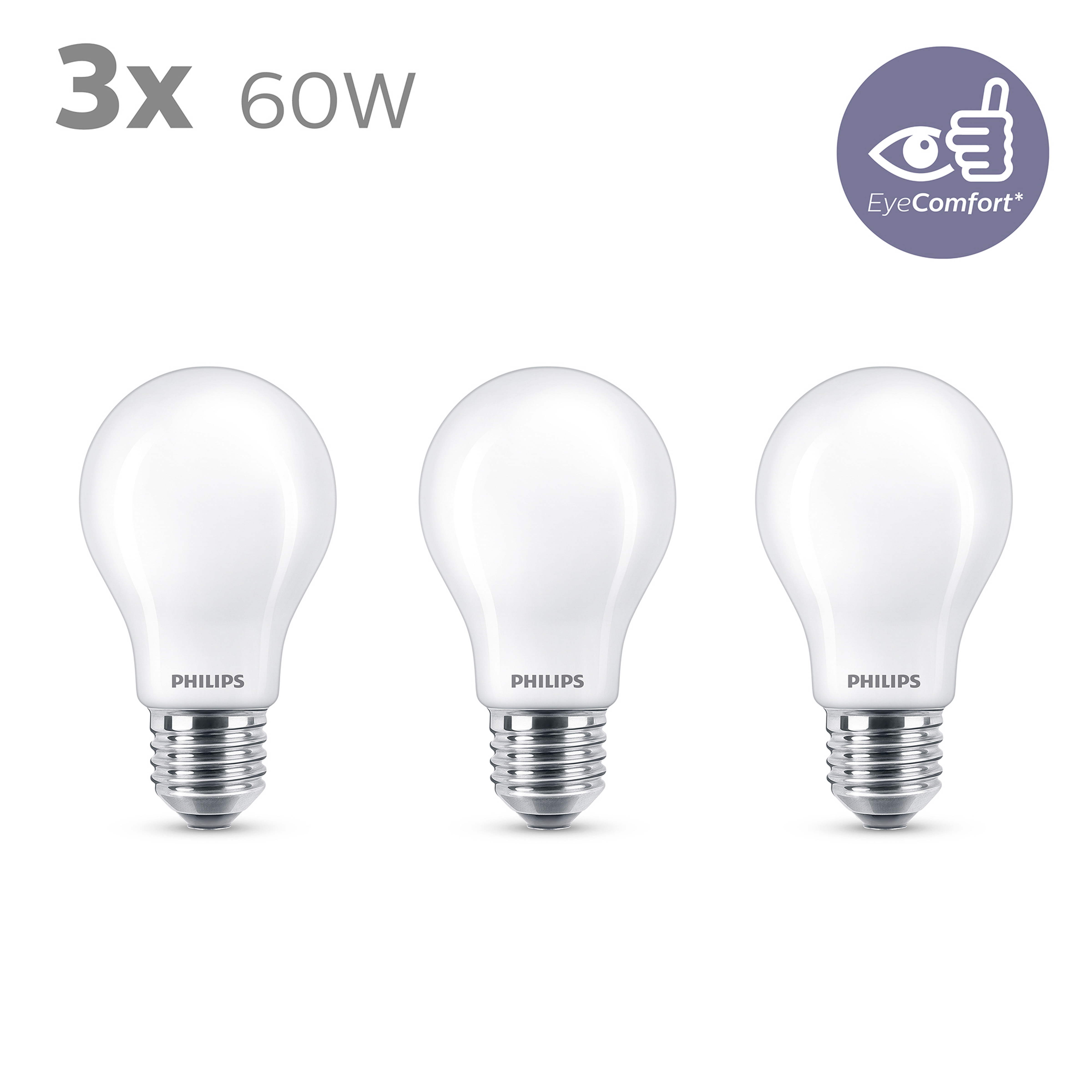 Drie Philips LED-lampen. Wit, standaard vorm. EyeComfort-icoon zichtbaar. 3x 60W.