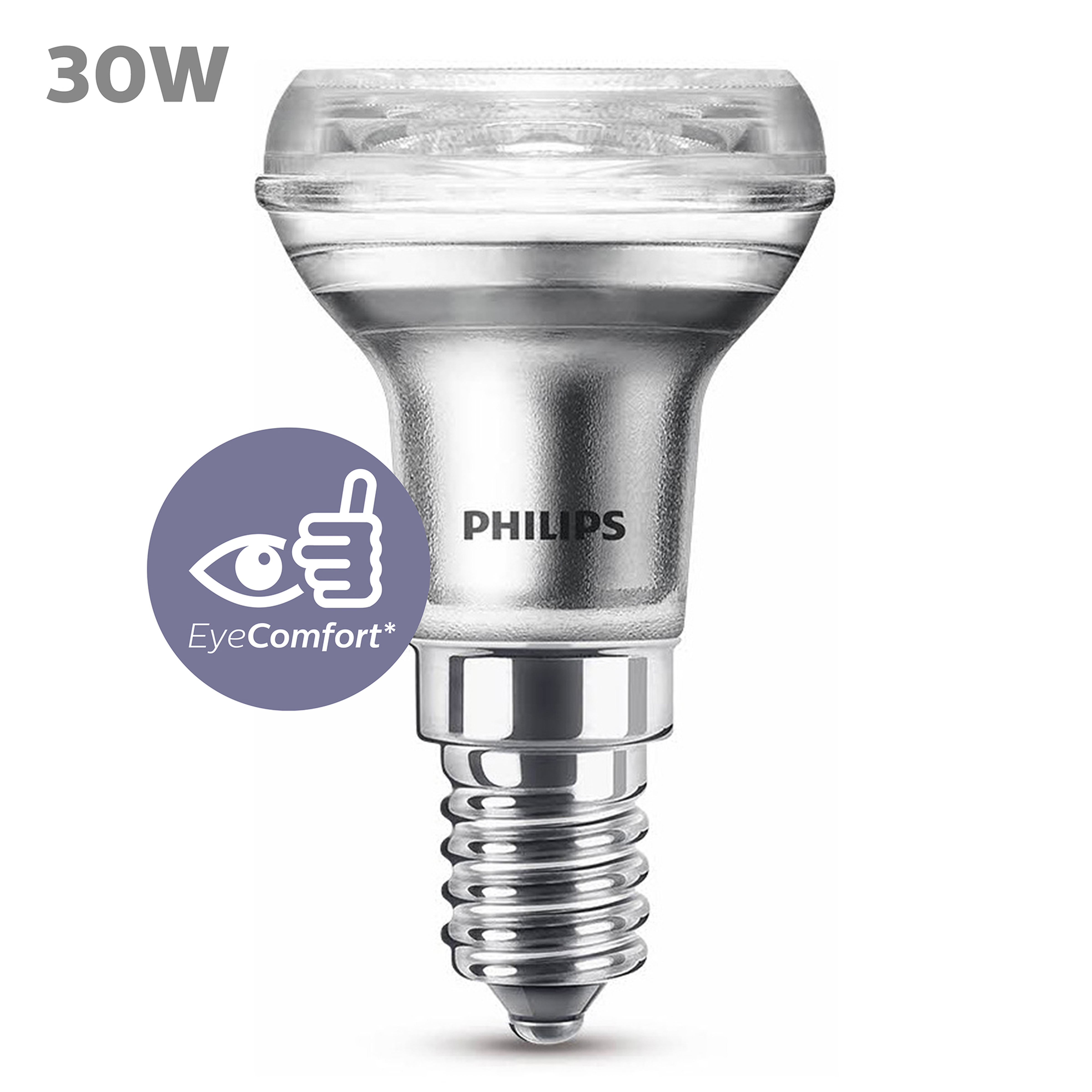 Une ampoule Philips argentée avec texte '30W' et logo 'EyeComfort*'. Fond blanc.