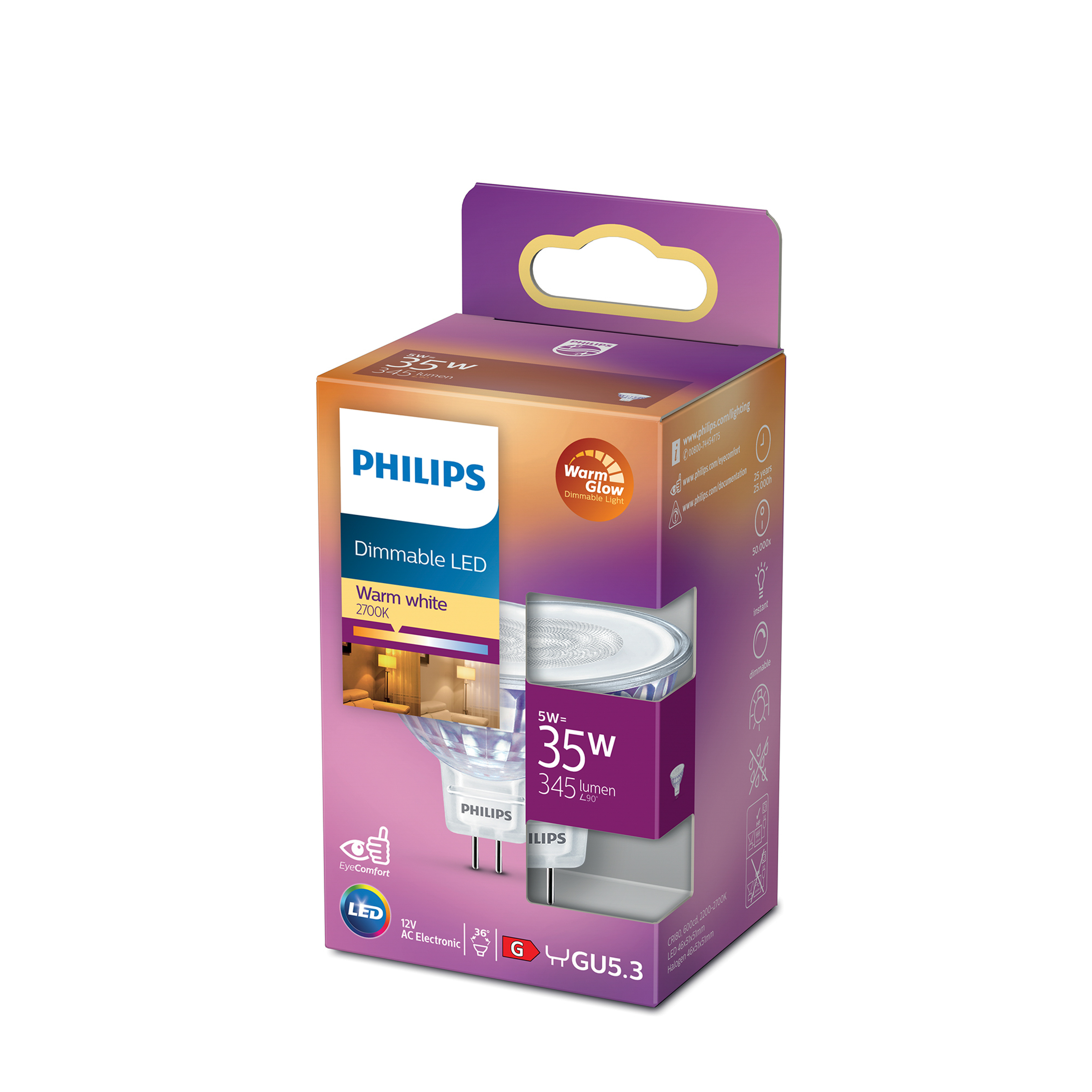 Scatola con una lampadina LED spot. La scatola ha testo e un tema bianco caldo. Icona EyeComfort.