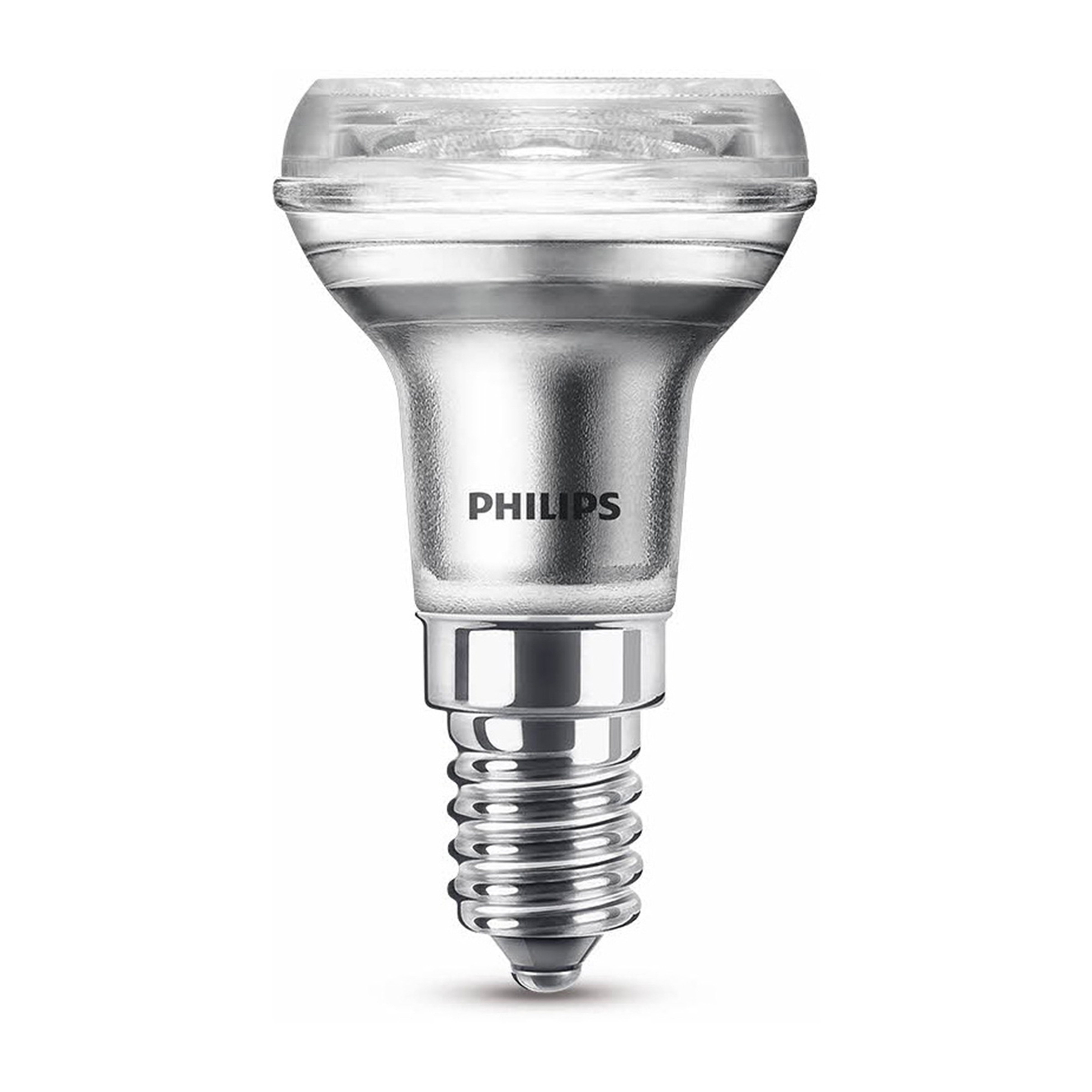 Ampoule LED Philips argentée et transparente avec le logo Philips sur fond blanc.