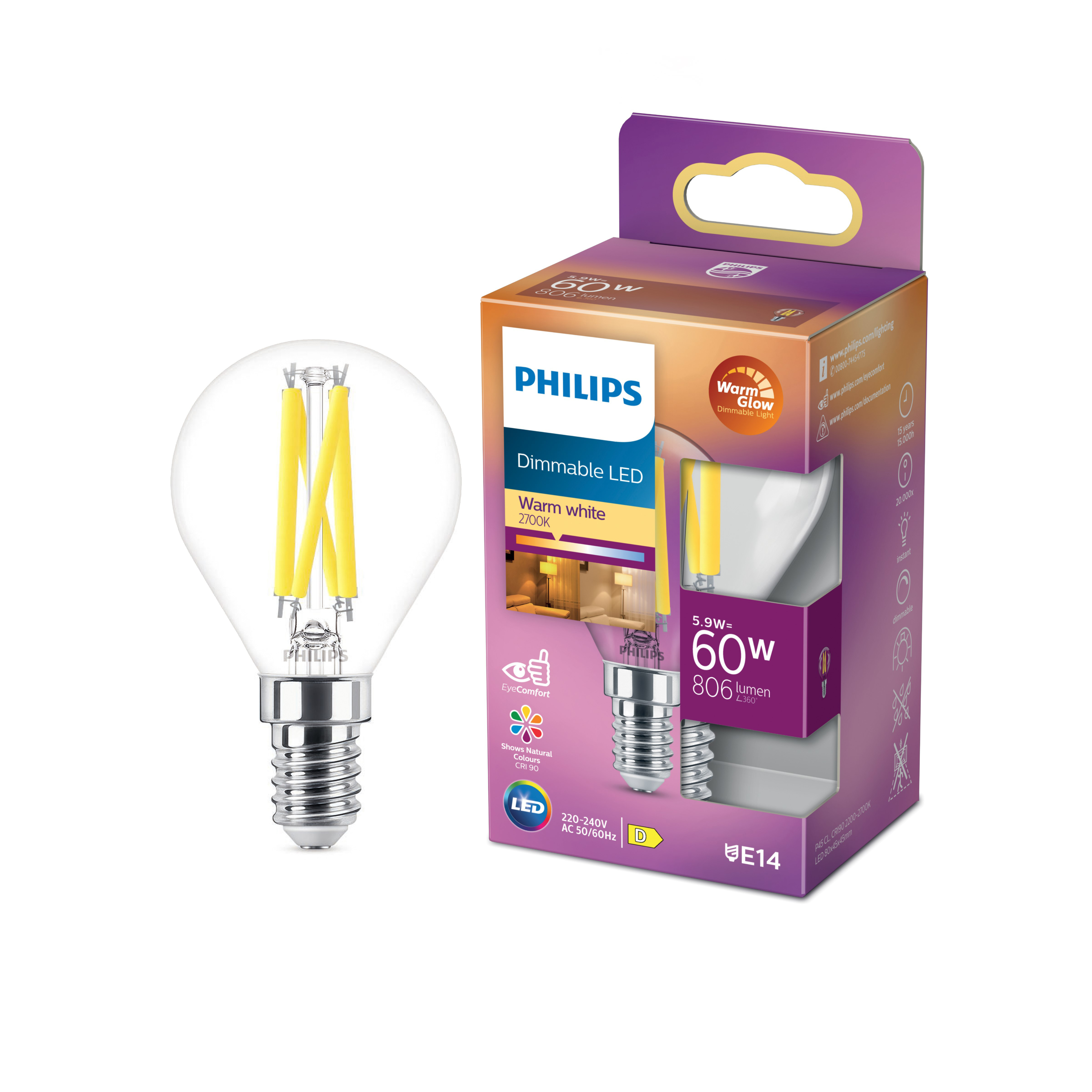 Lampadina LED dimmerabile Philips in scatola. Scritto LED, Bianco caldo, 2700K e ha un attacco E14. Viola.