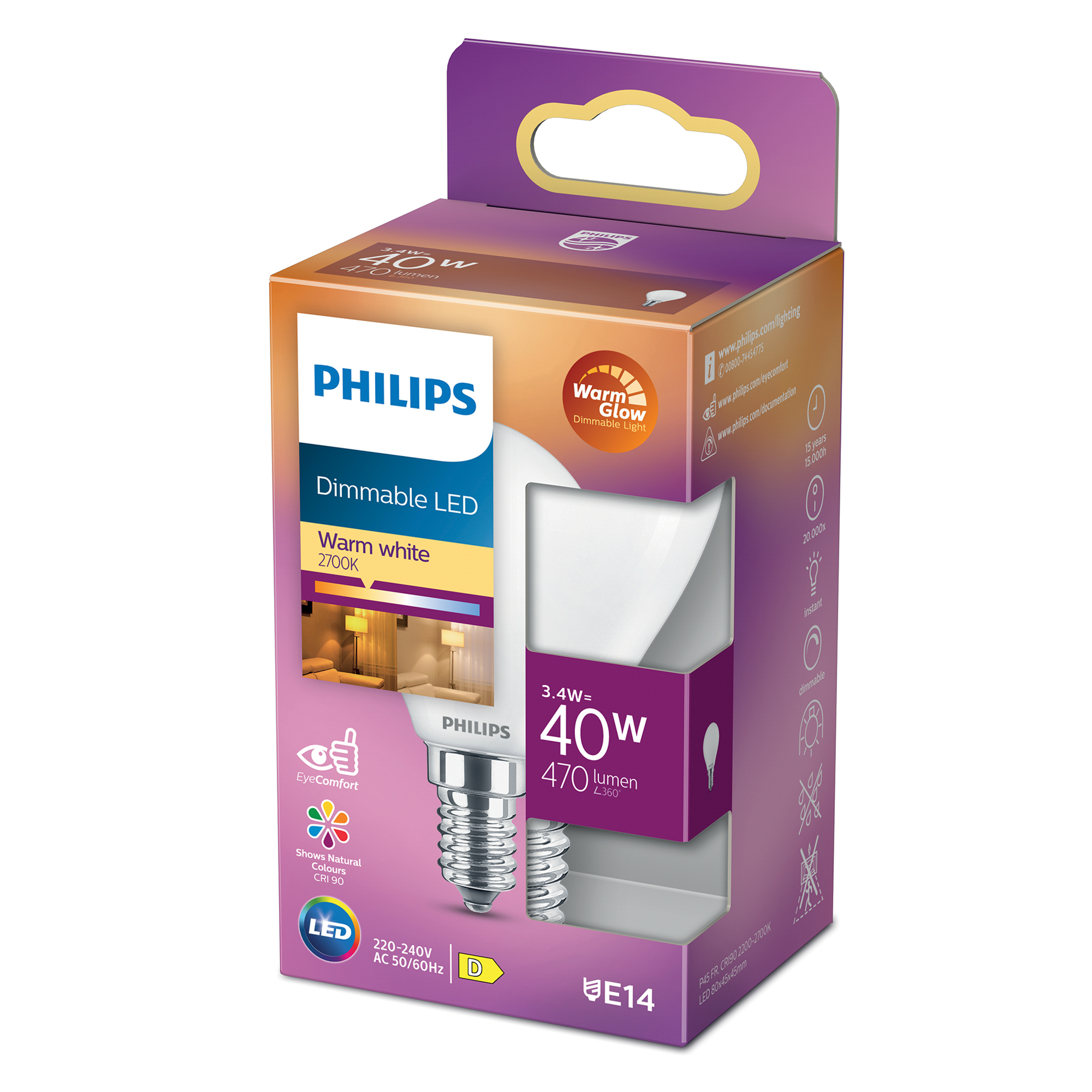 Lampadina LED dimmerabile Philips in scatola. Scritto LED, Bianco caldo, 2700K e ha un attacco E14. Viola.