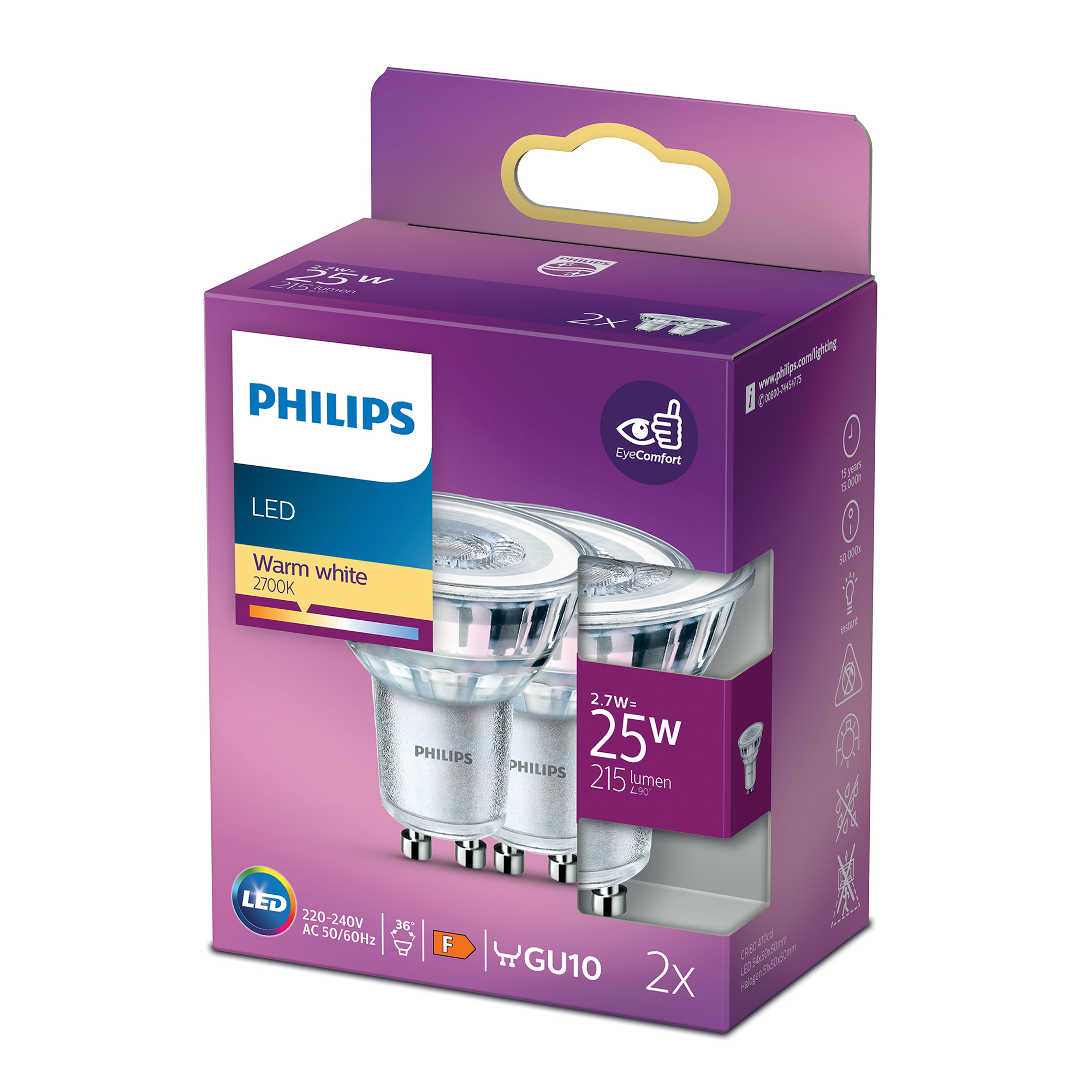 Scatola con due faretti LED Philips. Mostra GU10 e ha un'etichetta 2x25W.