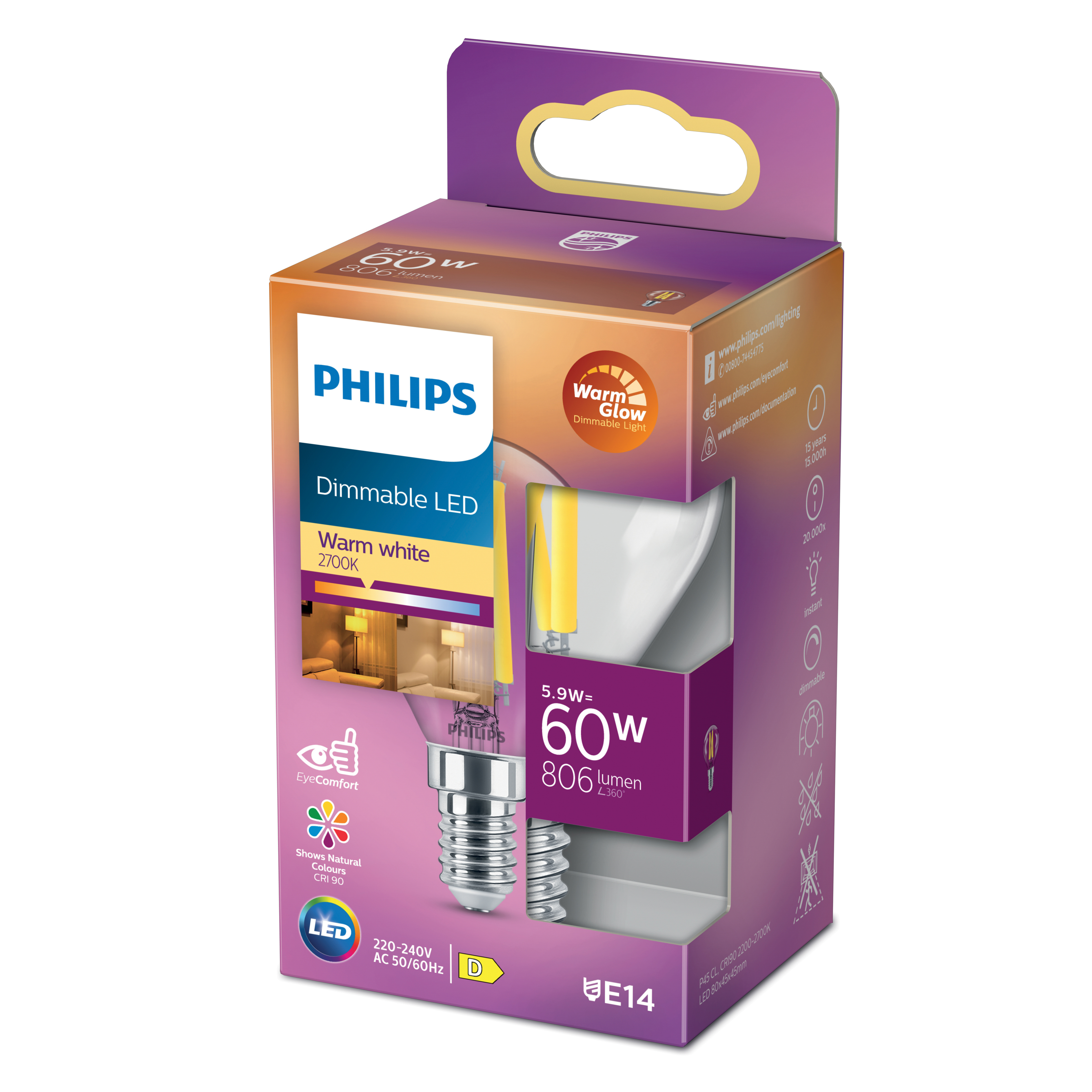 Lampadina LED dimmerabile Philips in una scatola. Luce bianca calda, 2700K. 5.9W=60W, 806 lumen. Attacco E14.