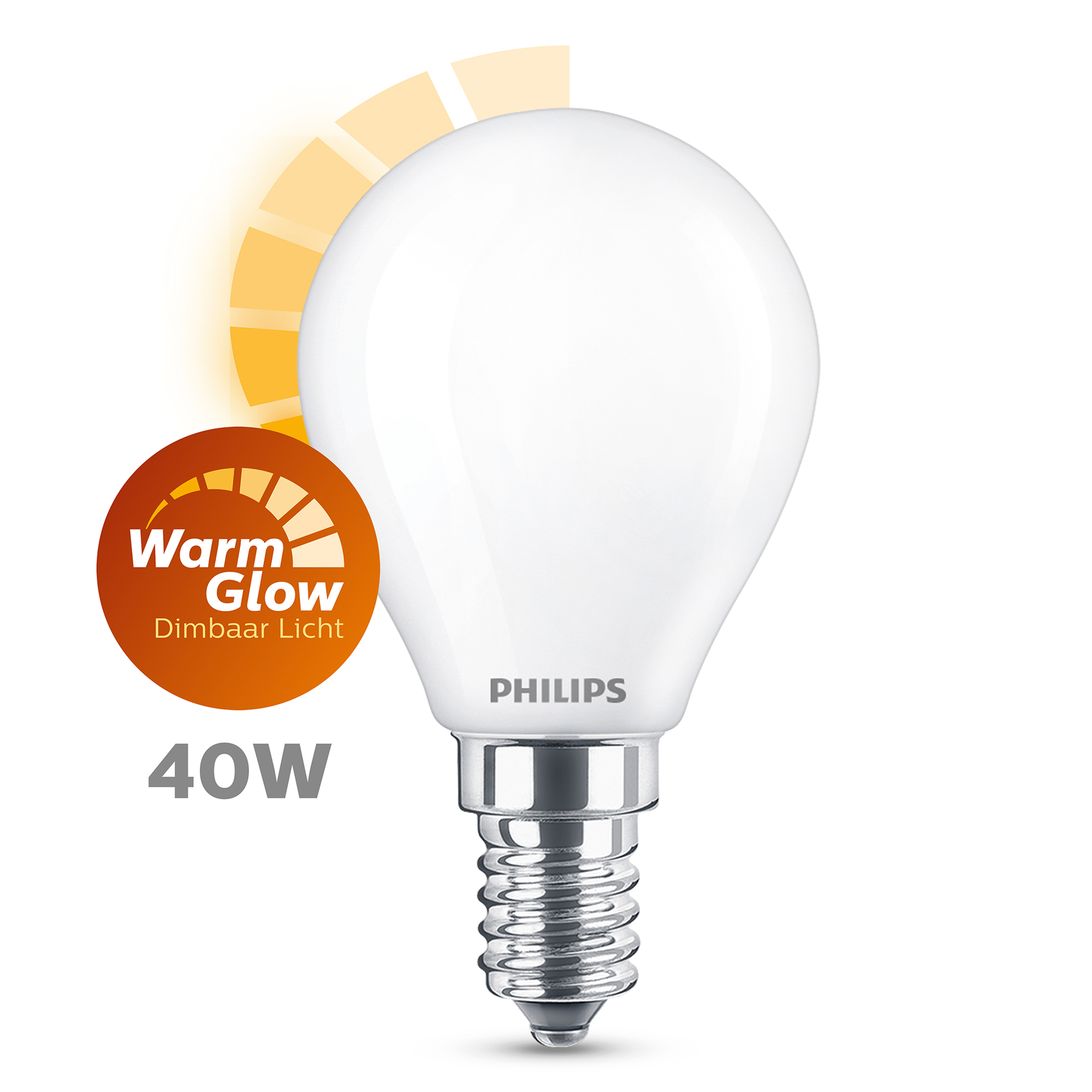 Una piccola lampadina Philips bianca con base argentata. C'è un'icona di bagliore caldo a sinistra.