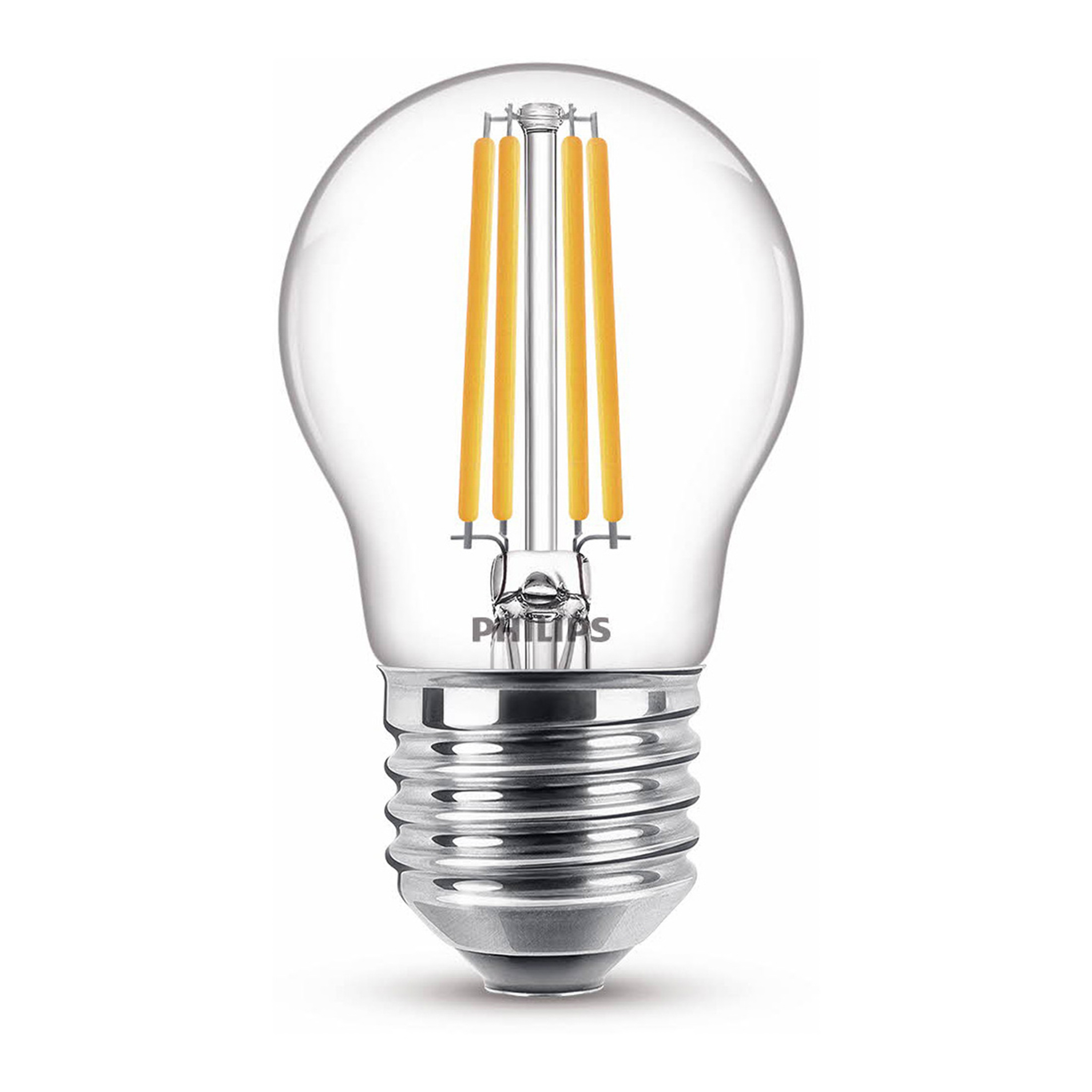 Une ampoule transparente avec des filaments jaunes verticaux. Base argentée.