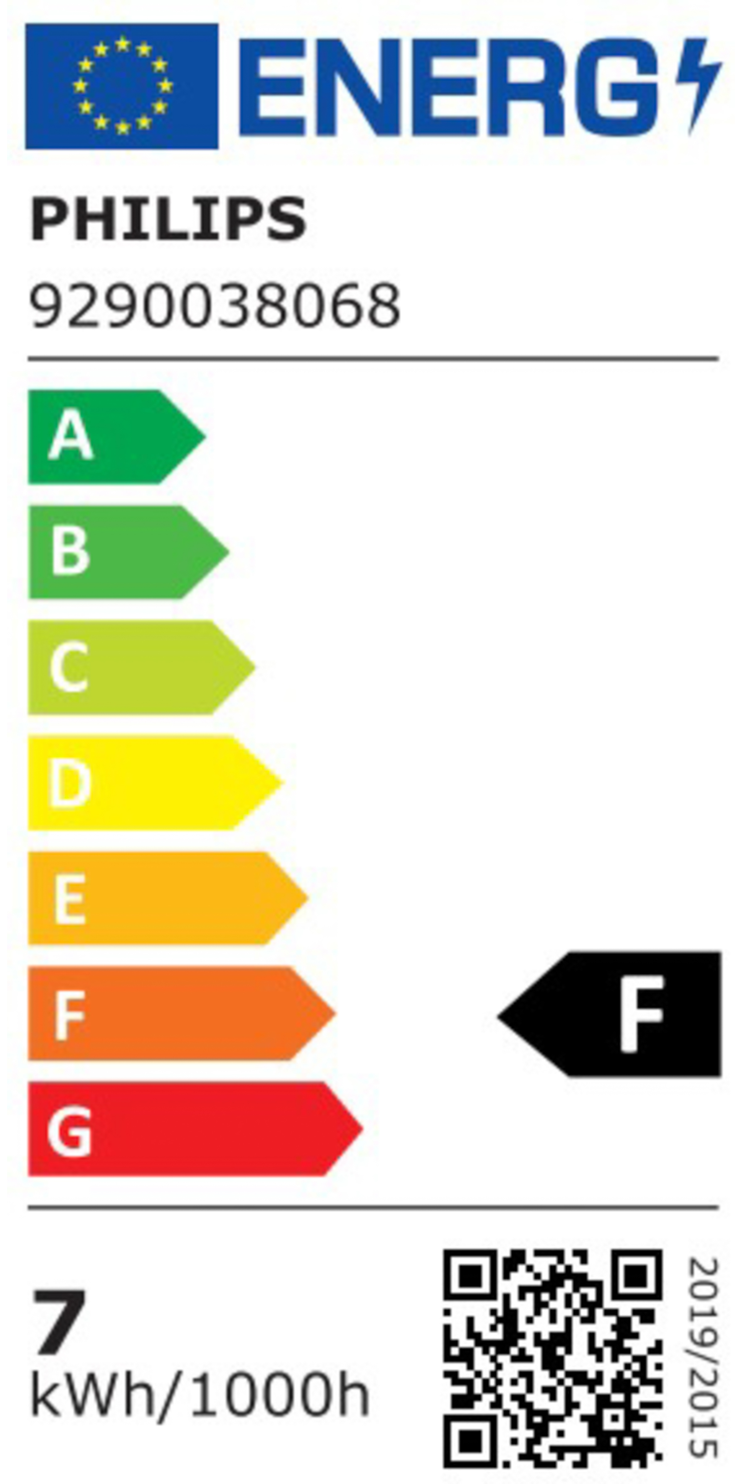 Energy efficiency label showing energy ratings from A to G.