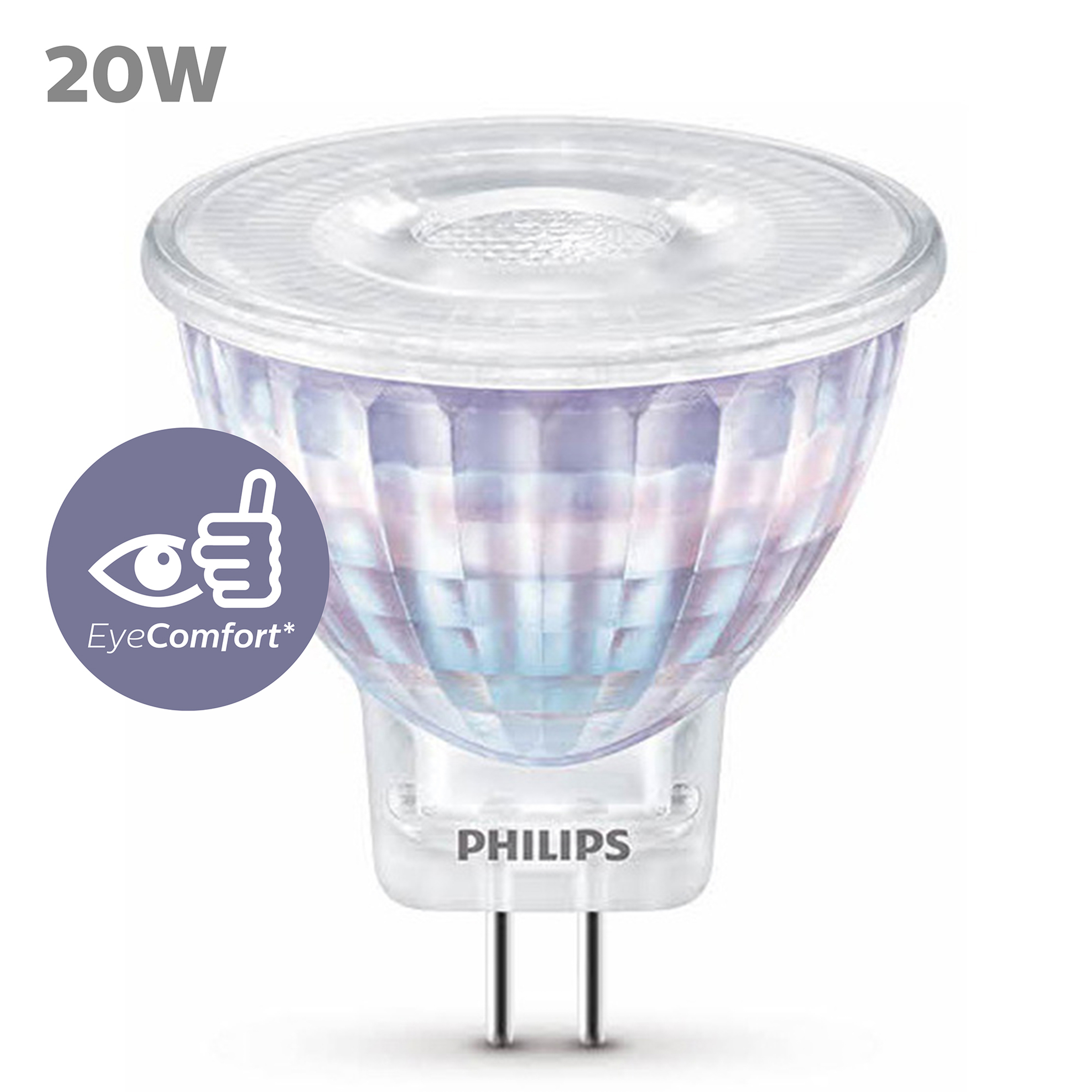 Un fond blanc avec une ampoule Philips. Elle a une lentille et le texte 'EyeComfort'.
