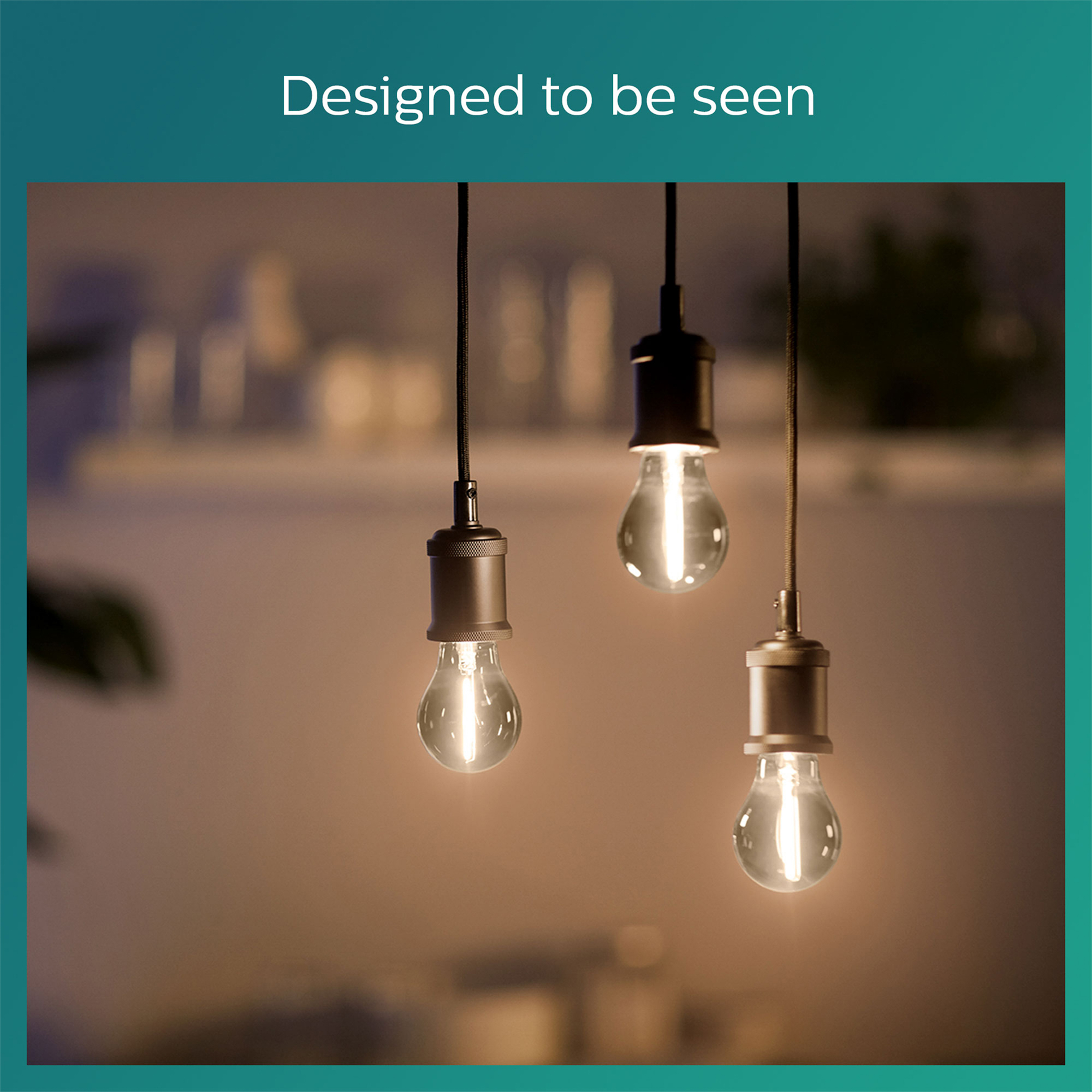 Drei leuchtende Philips LED-Lampen hängen von der Decke. Entwickelt, um gesehen zu werden. Braun und weißer Hintergrund.