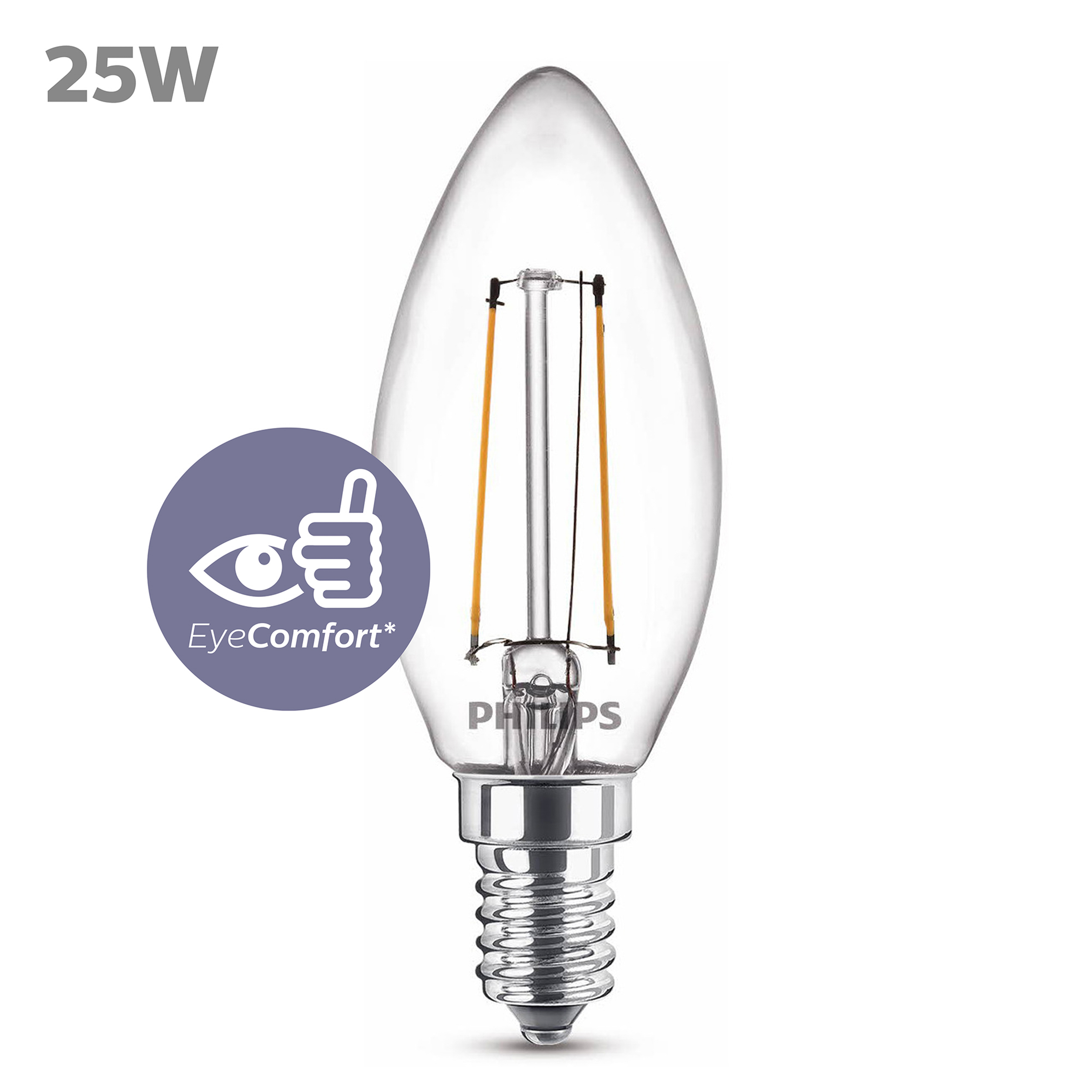 Eine klare Glühbirne mit 25W-Etikett und EyeComfort-Logo auf weißem Hintergrund.