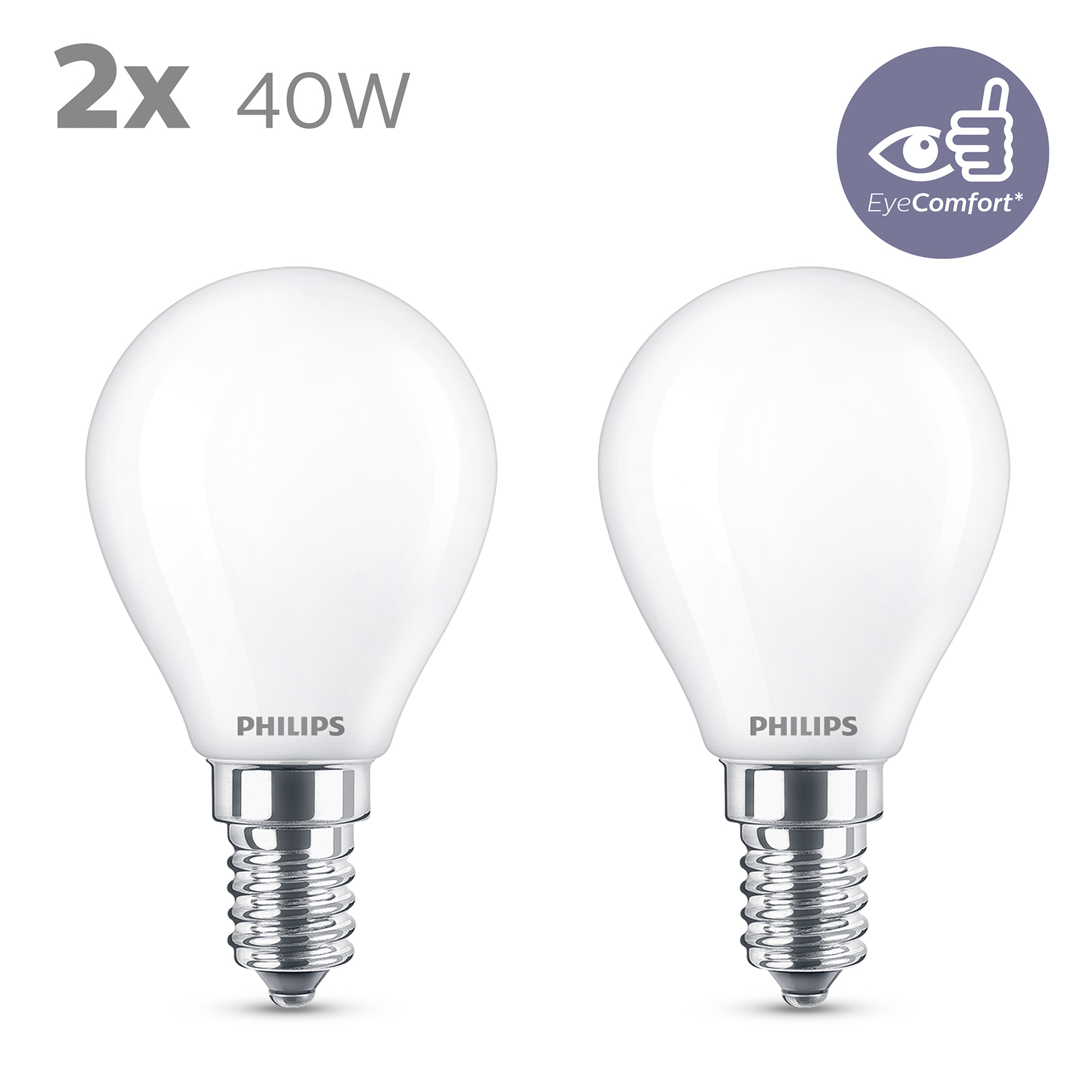 Deux ampoules blanches et rondes avec le mot 'PHILIPS' dessus. L'emballage indique 2x 40W.