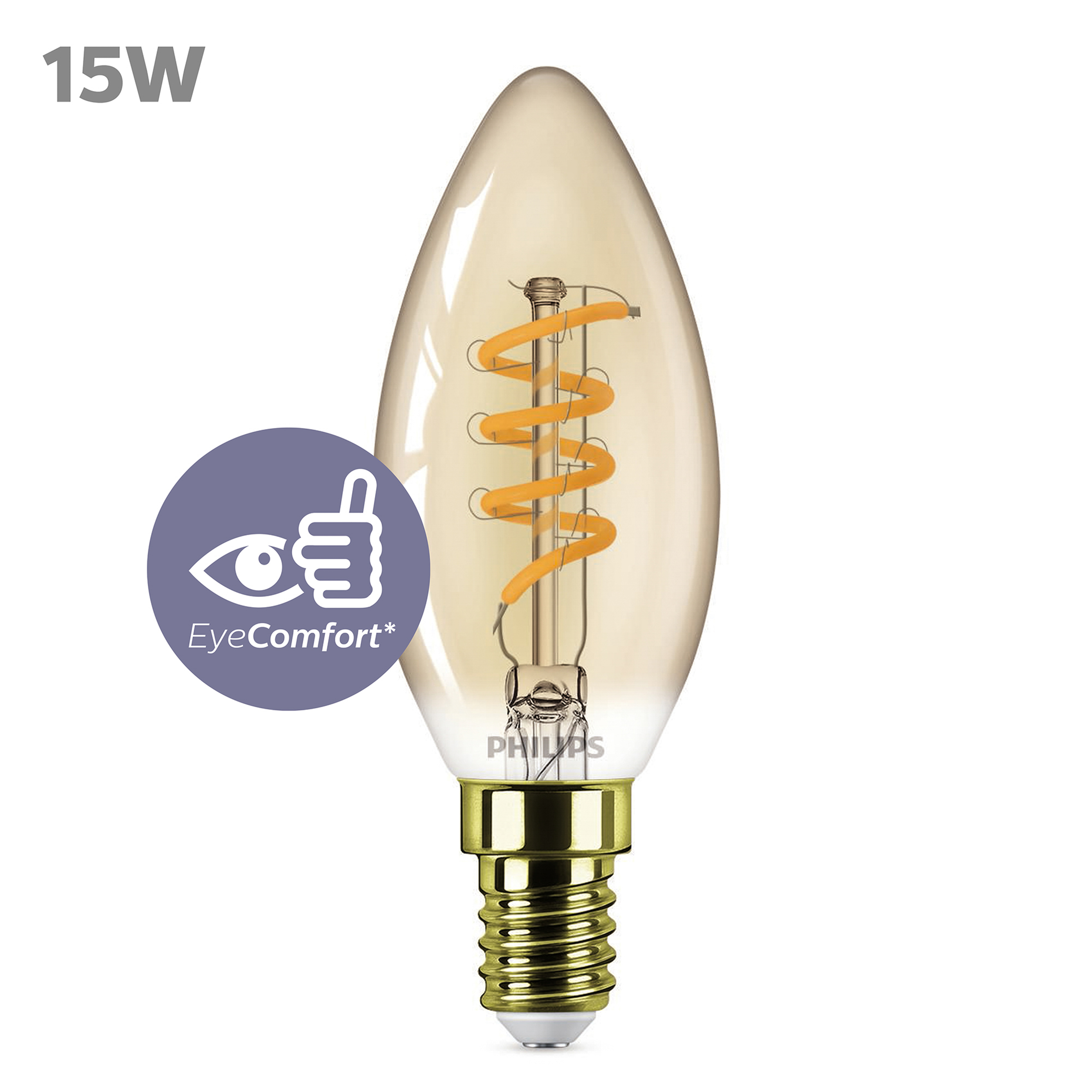 Eine Philips-Glühbirne in Kerzenform, mit Glühfaden und goldenem Sockel.