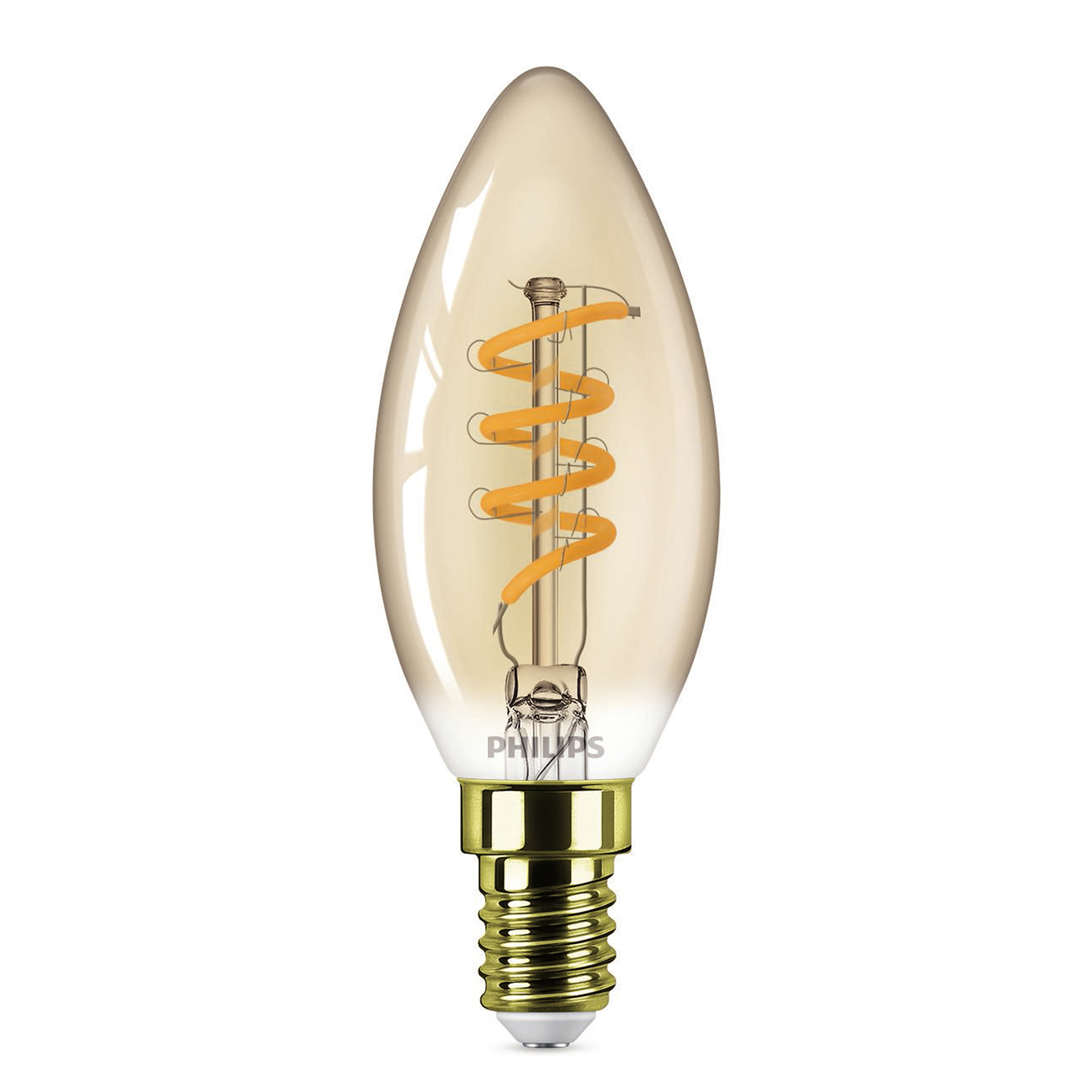 Philips LED Kerzenlampe mit Wendel. Goldene Farbe. Gold-Sockel.