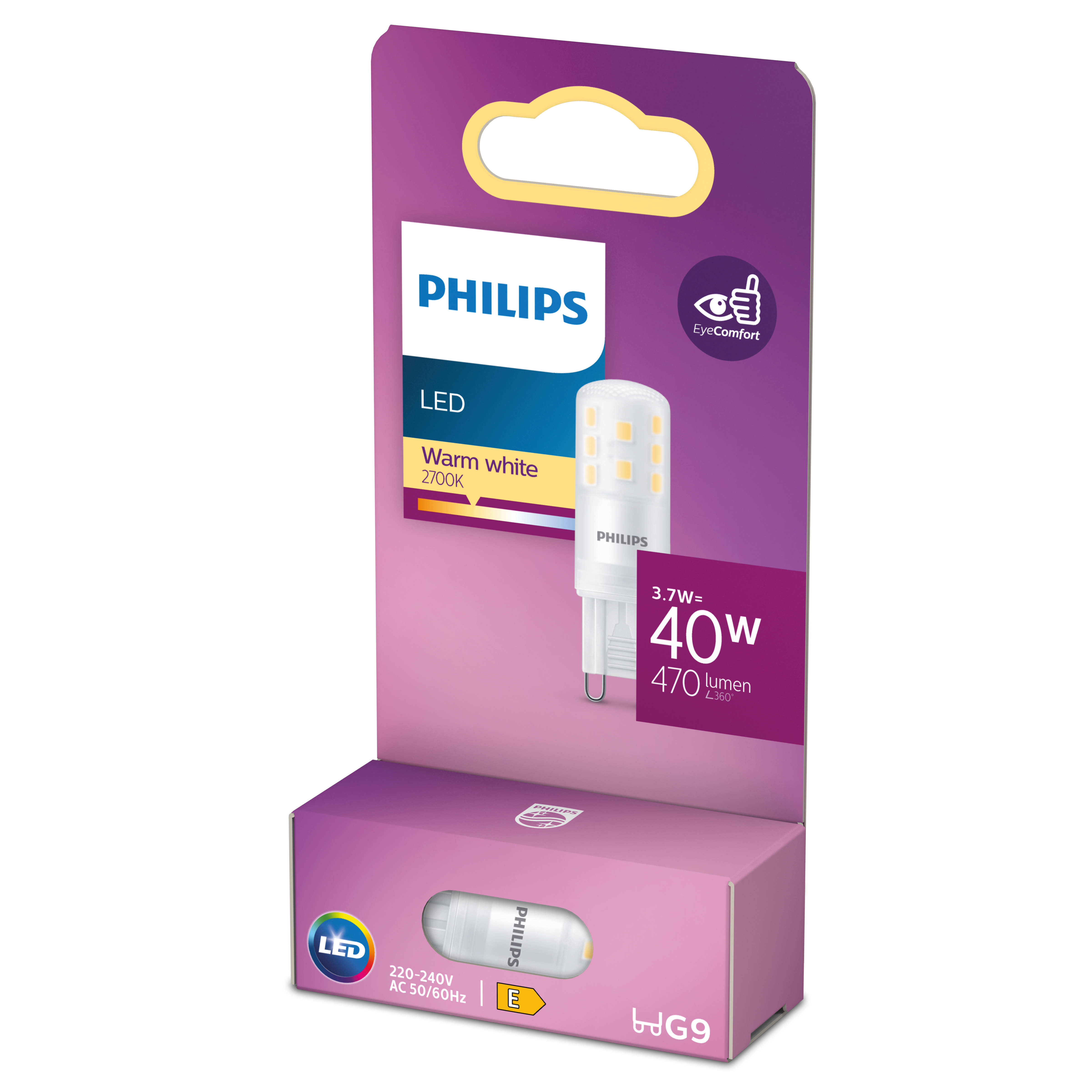 Philips LED-Glühbirne in Verpackung. 40W, 470 Lumen, warmweiß.
