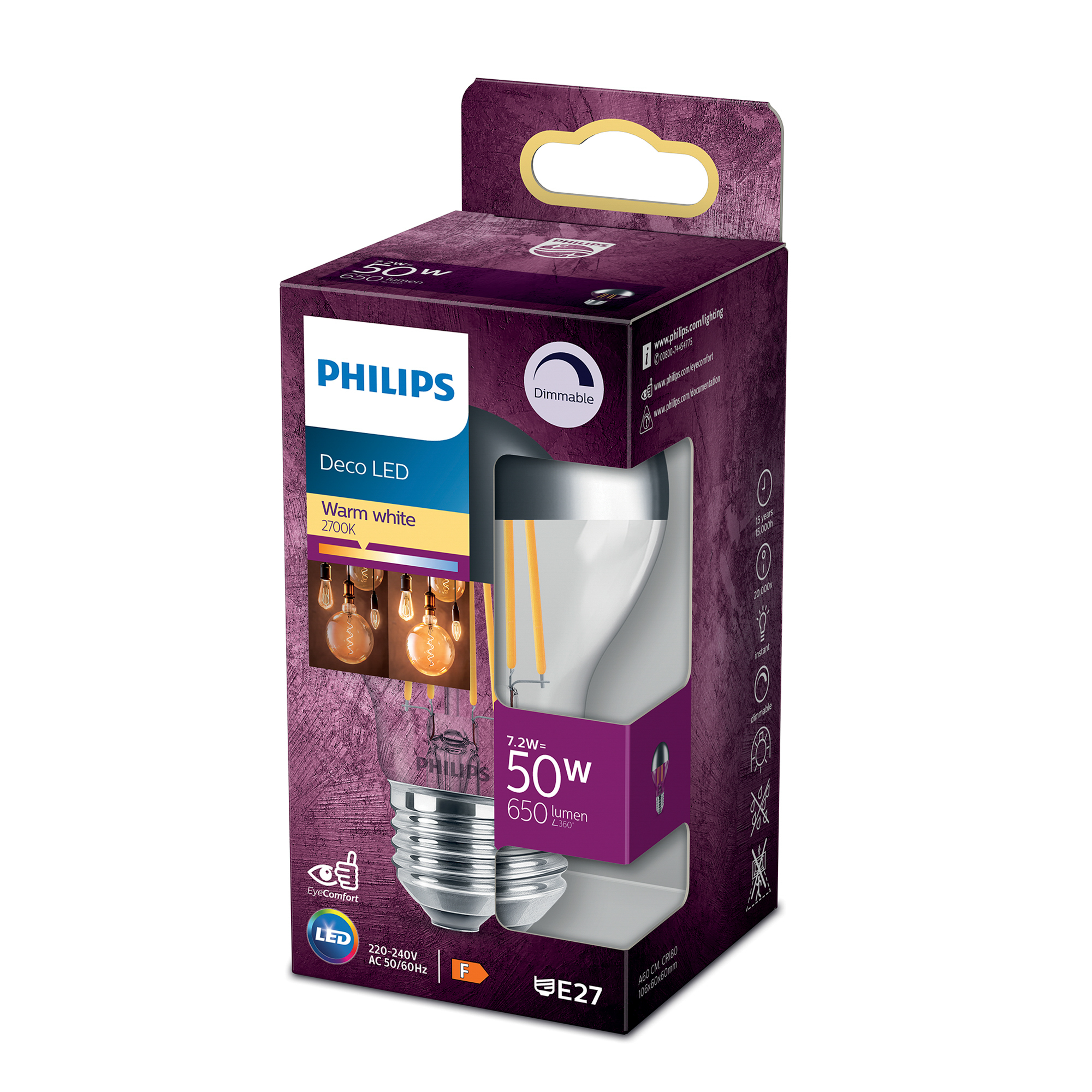 Philips Deco LED-Glühbirne in einer lila-weißen Box.
