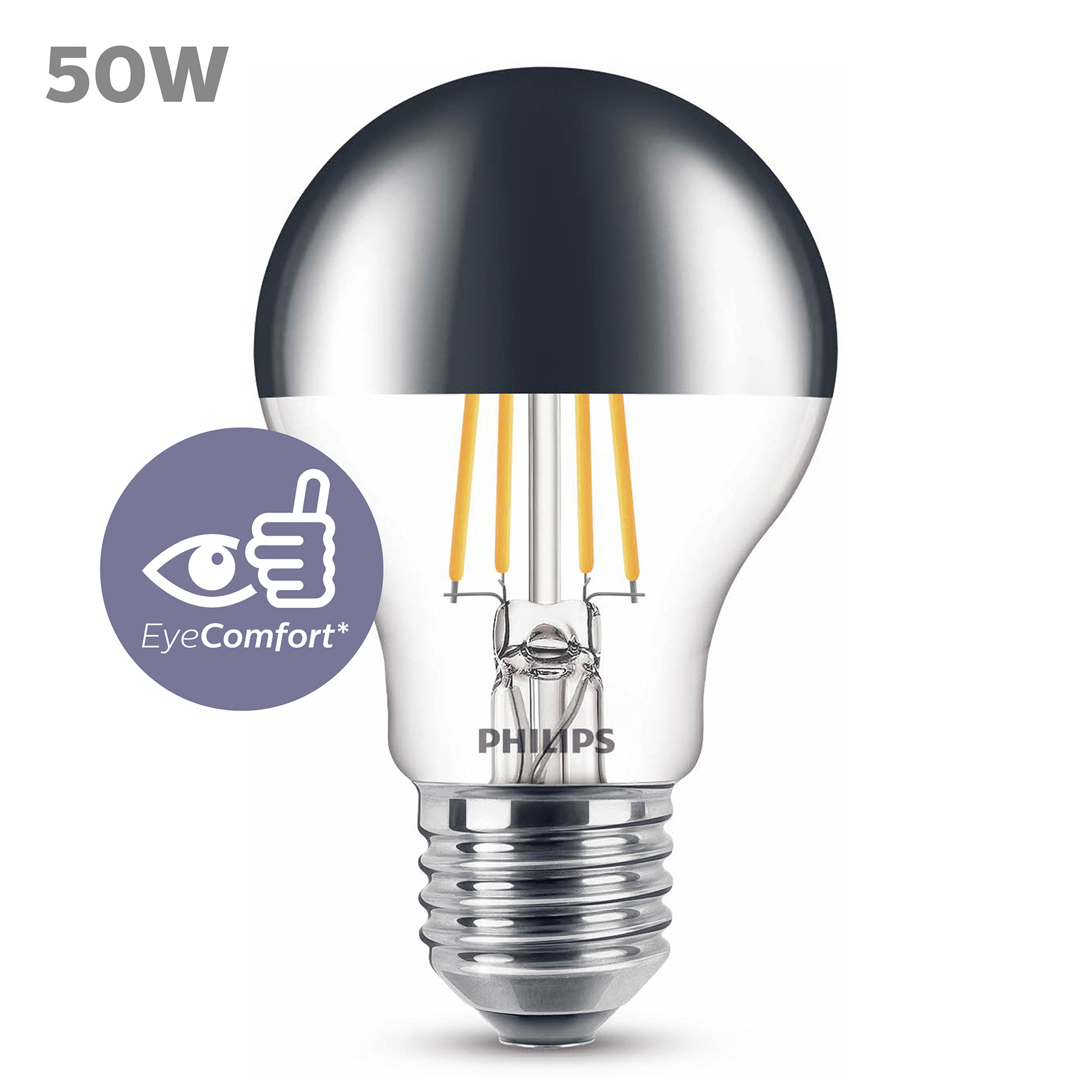 50W Philips-Glühbirne mit silberner Oberseite und Glaskolben. EyeComfort-Logo sichtbar.
