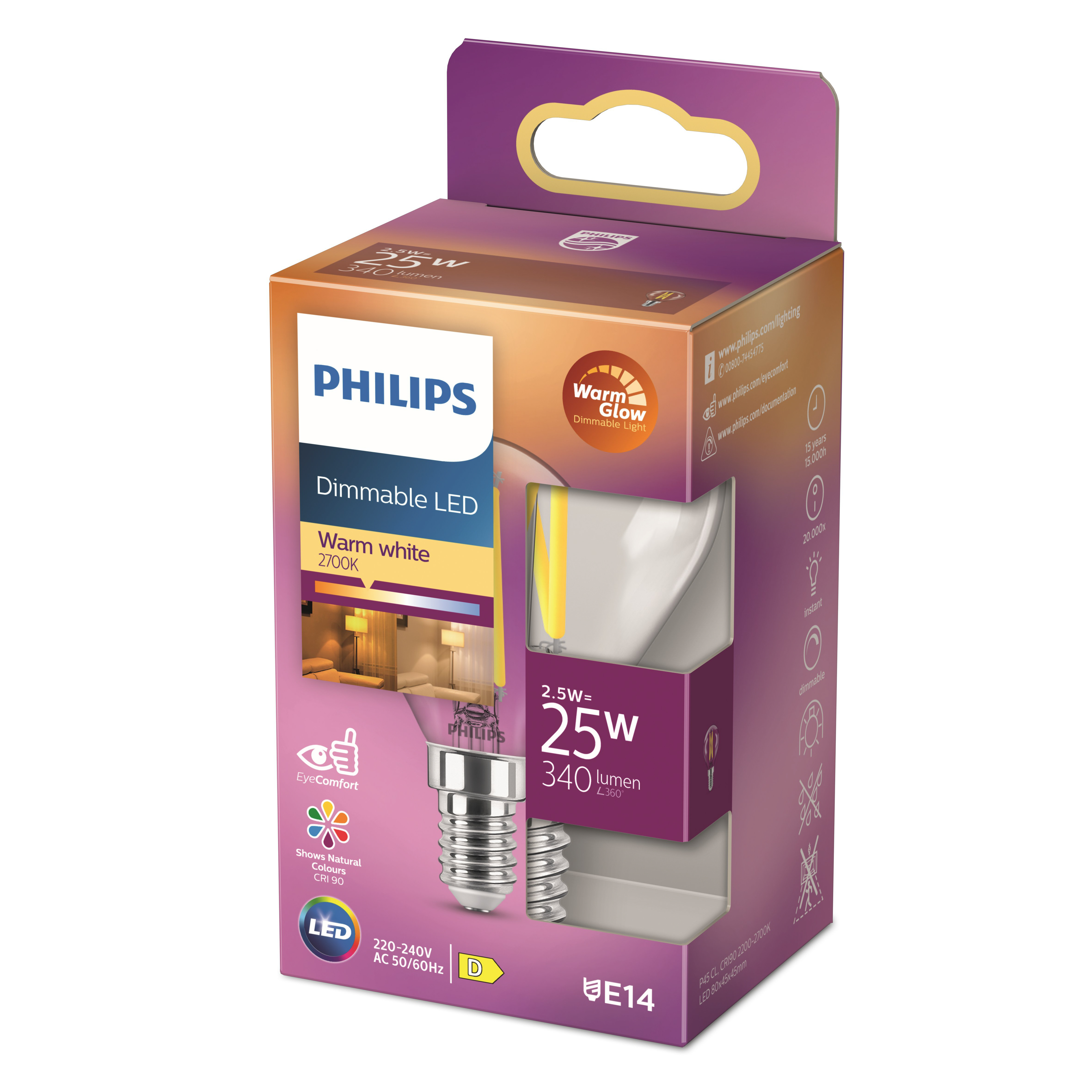 Lampadina LED Philips dimmerabile in scatola. La scatola mostra e ha 'Warm Glow'.