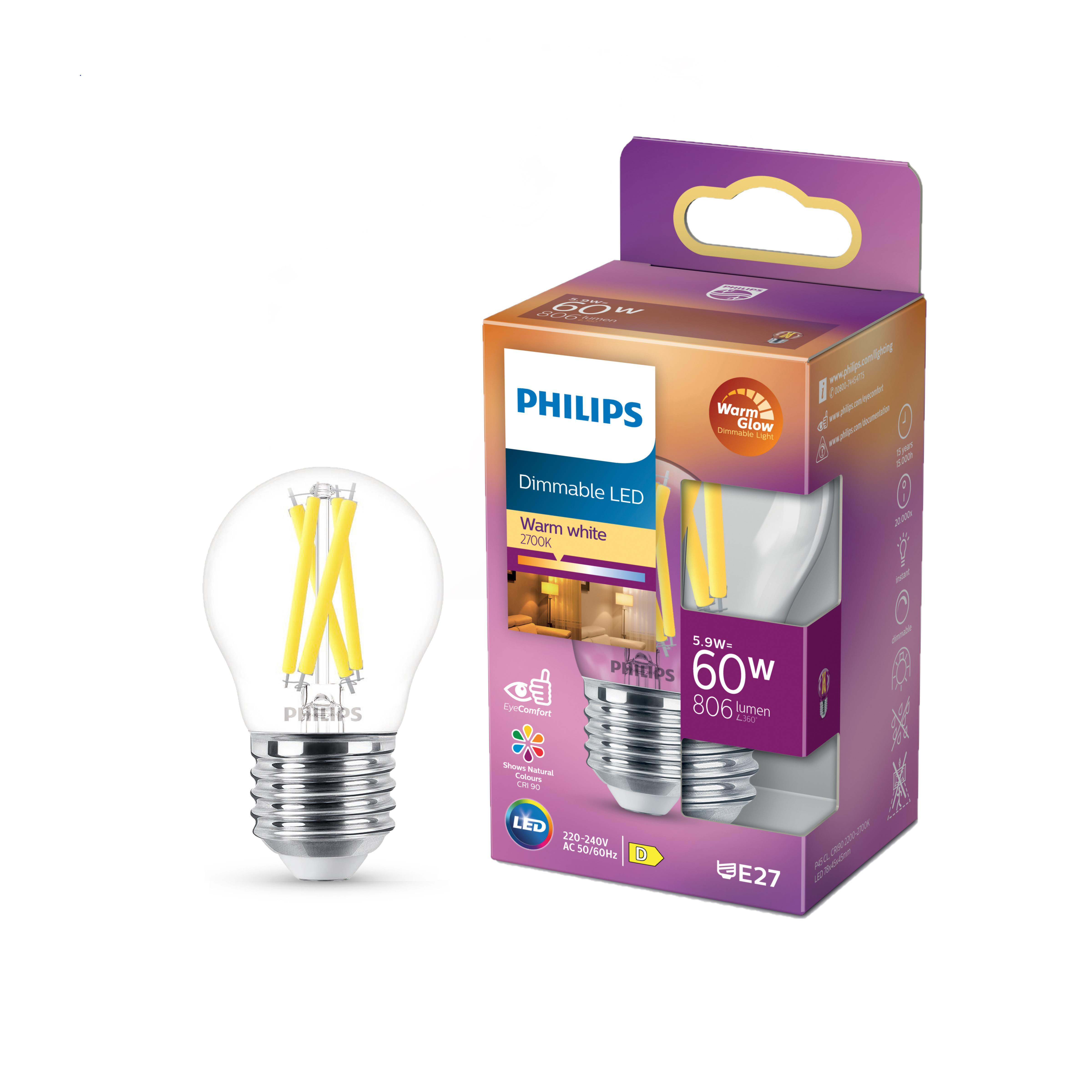 Una lampadina LED Philips in una scatola. La lampadina ha un vetro trasparente e filamenti gialli. La scatola è arancione e viola.