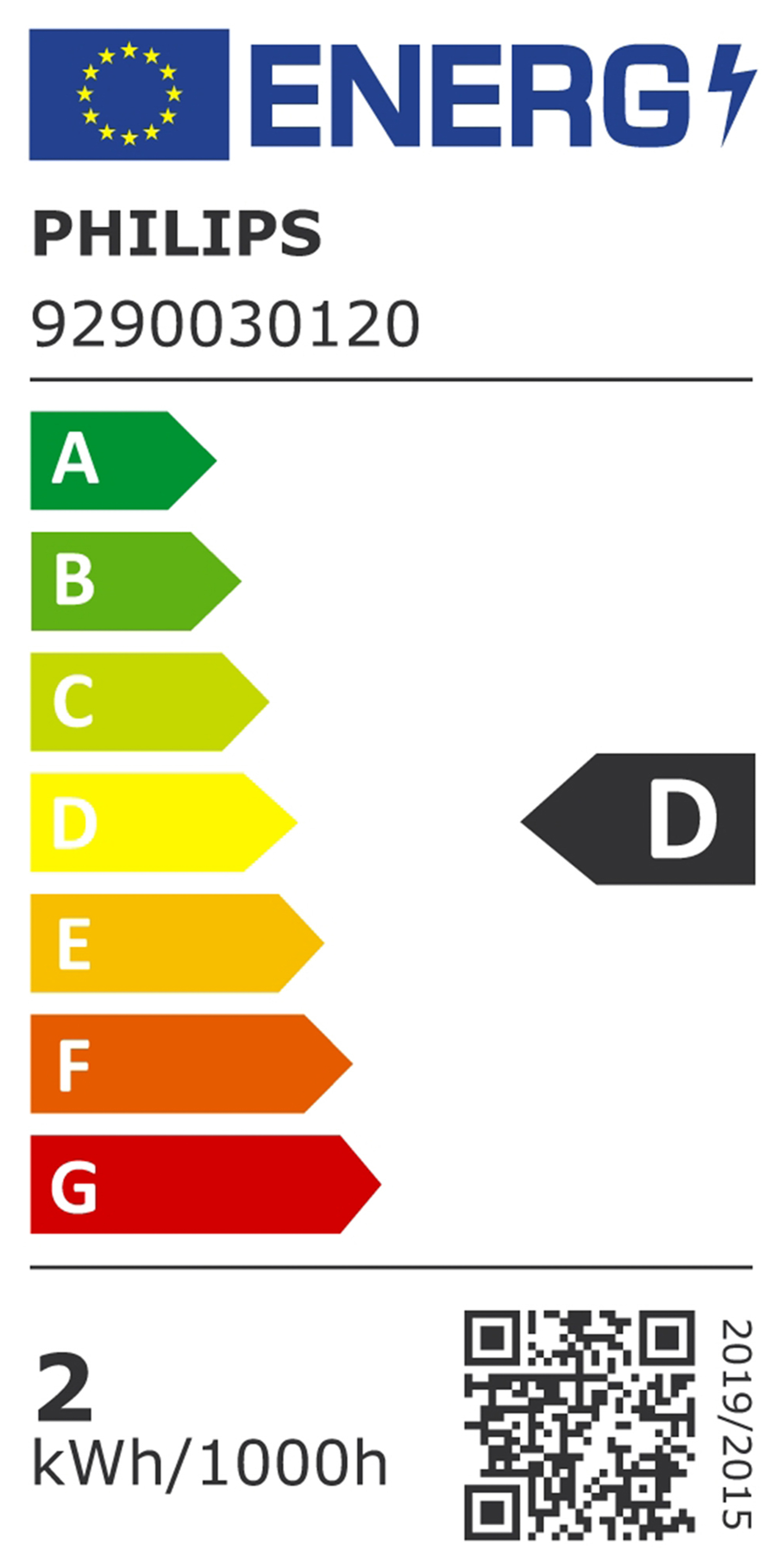 Un'etichetta energetica con il logo Philips. L'etichetta mostra una classe di efficienza energetica 'D'.