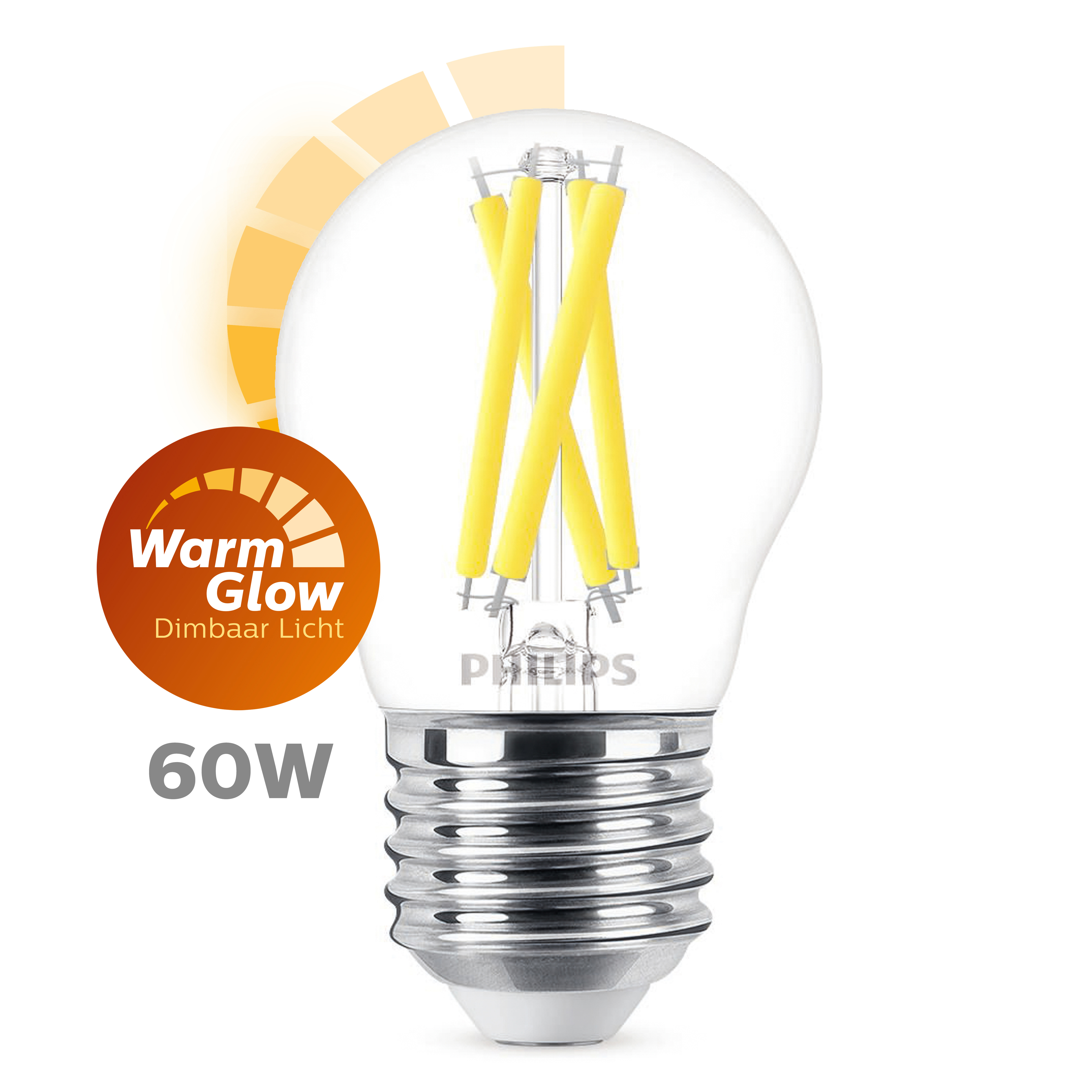Lampadina LED Philips. 60W. Luce calda e dimmerabile. Lampadina bianca con barre gialle all'interno.