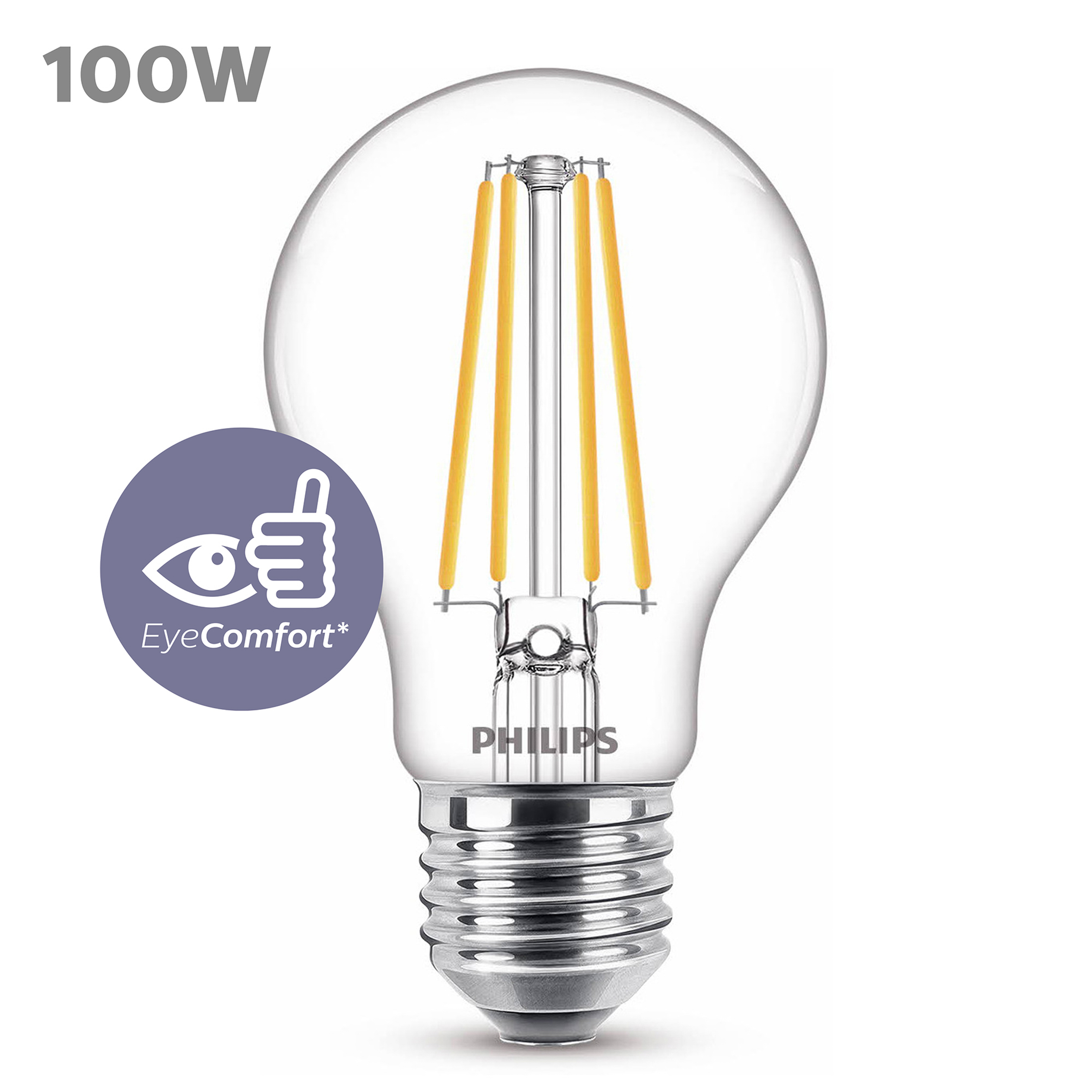 Ampoule transparente avec logo Philips, étiquette 100W et logo EyeComfort.